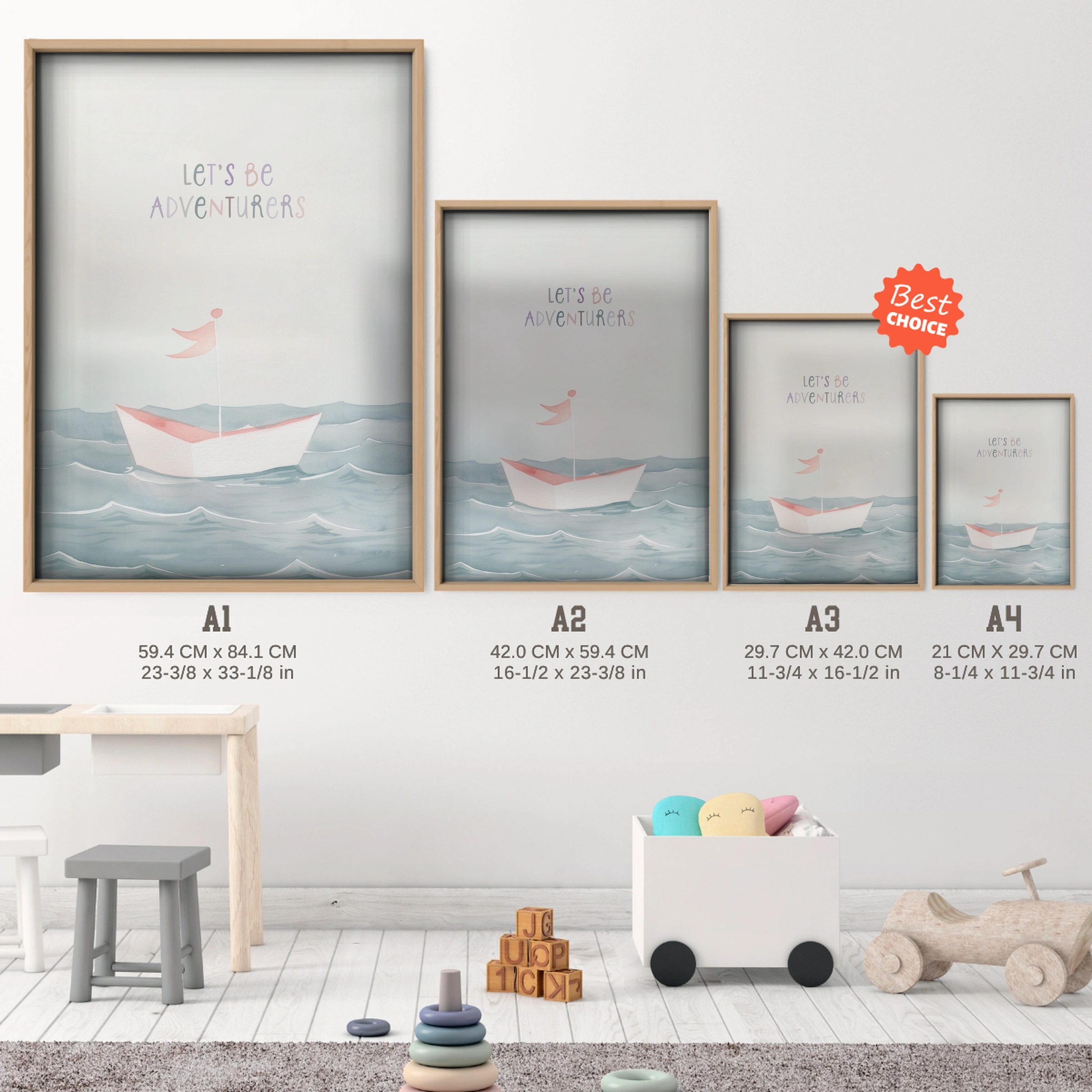 Sailing Boat Nursery Print - size guide A4 A3 A2 A1 nursery print