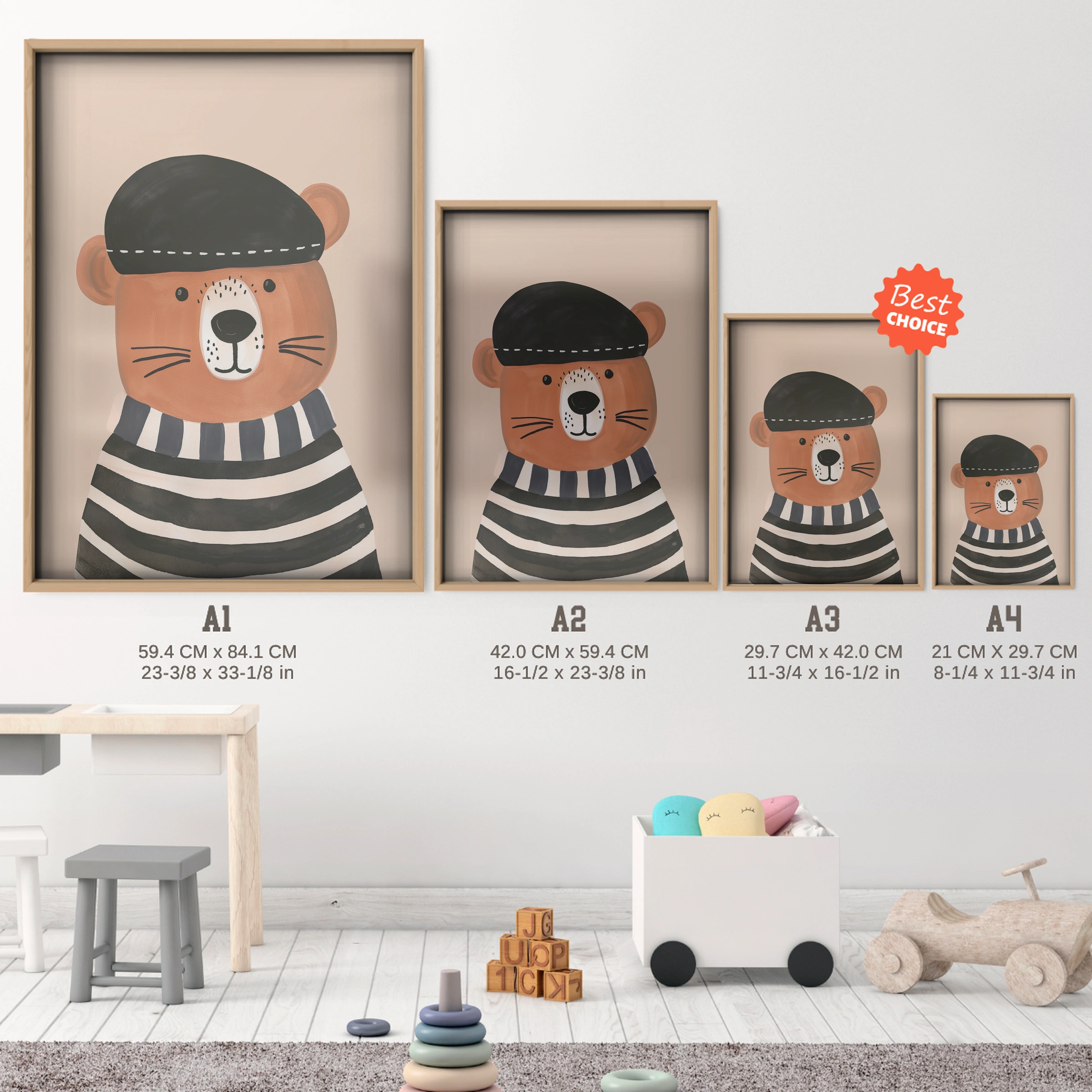 Sailor Bear Nursery Print - size guide A4 A3 A2 A1 nursery print