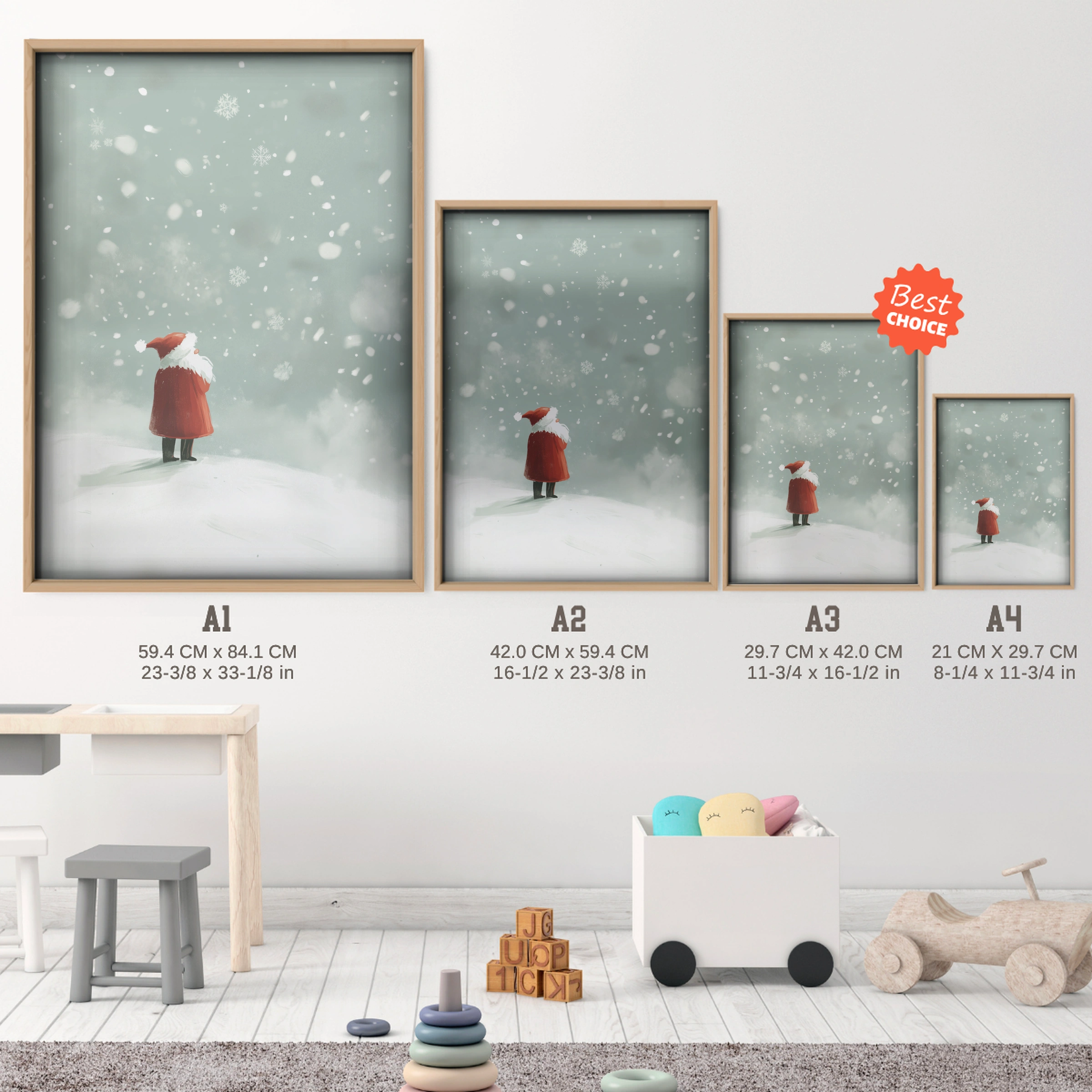 Santa in the Snow Christmas Print - size guide A4 A3 A2 A1 nursery print