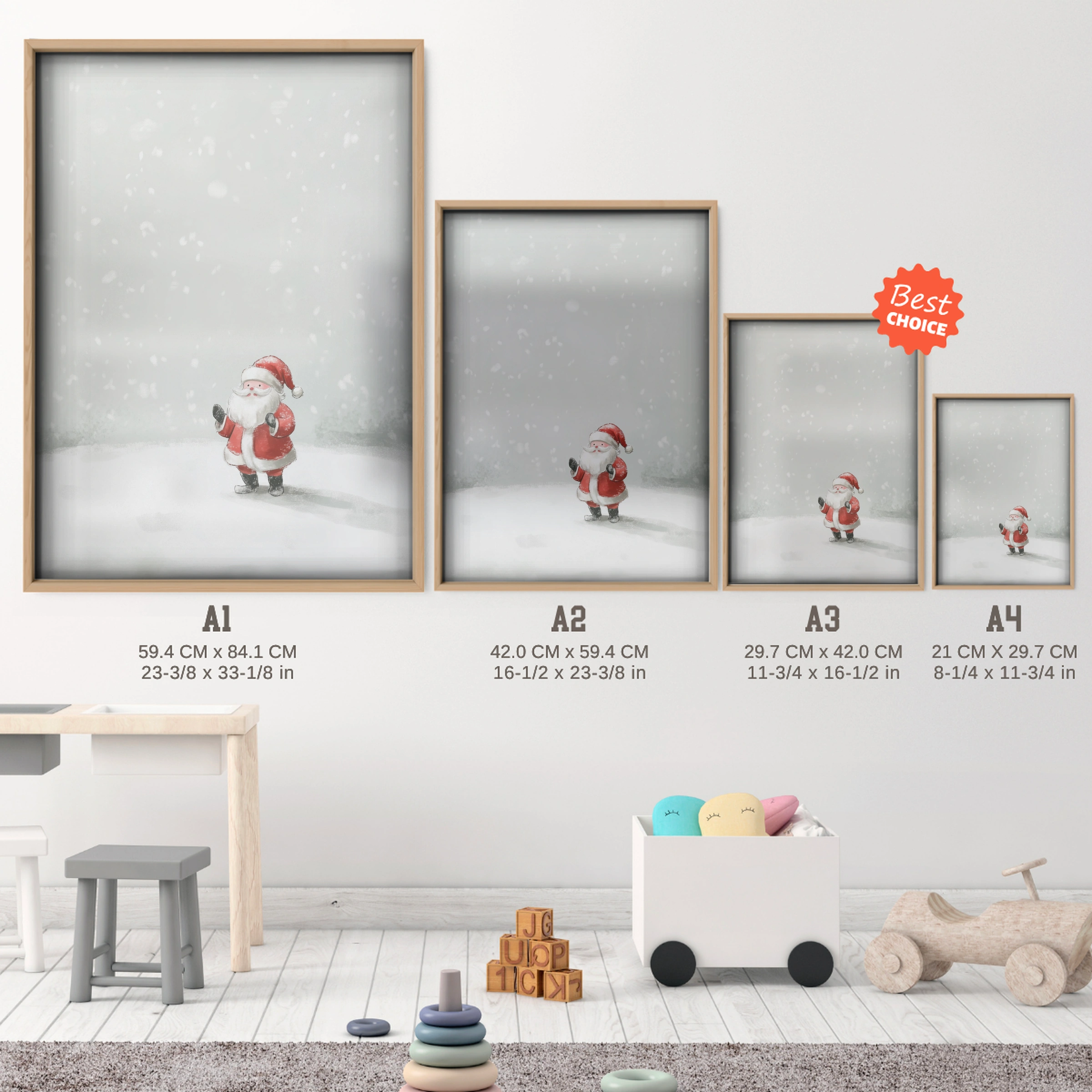 Santa in the Snow Two Christmas Print - size guide A4 A3 A2 A1 nursery print