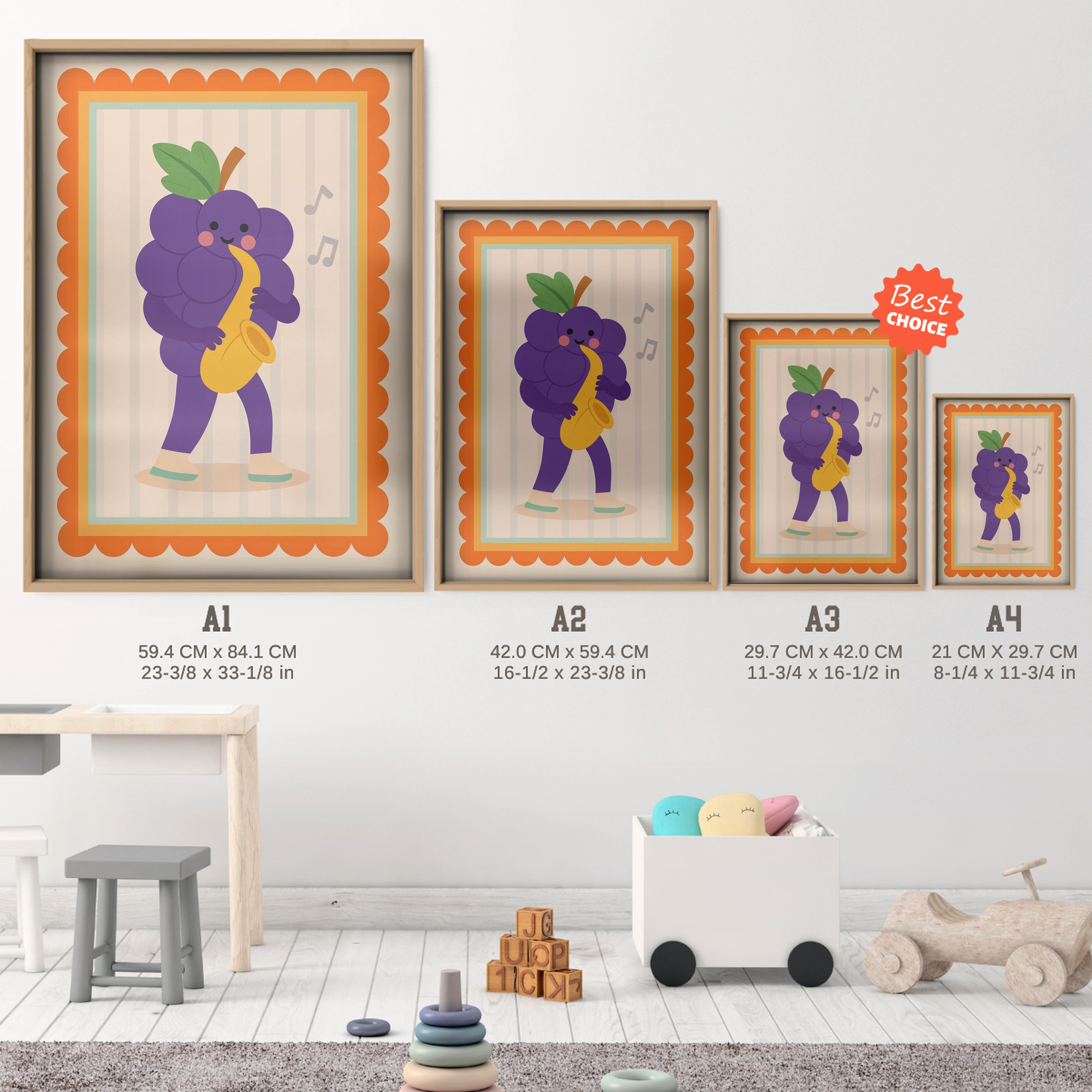 Saxophone Grape Nursery Print - size guide A4 A3 A2 A1 nursery print