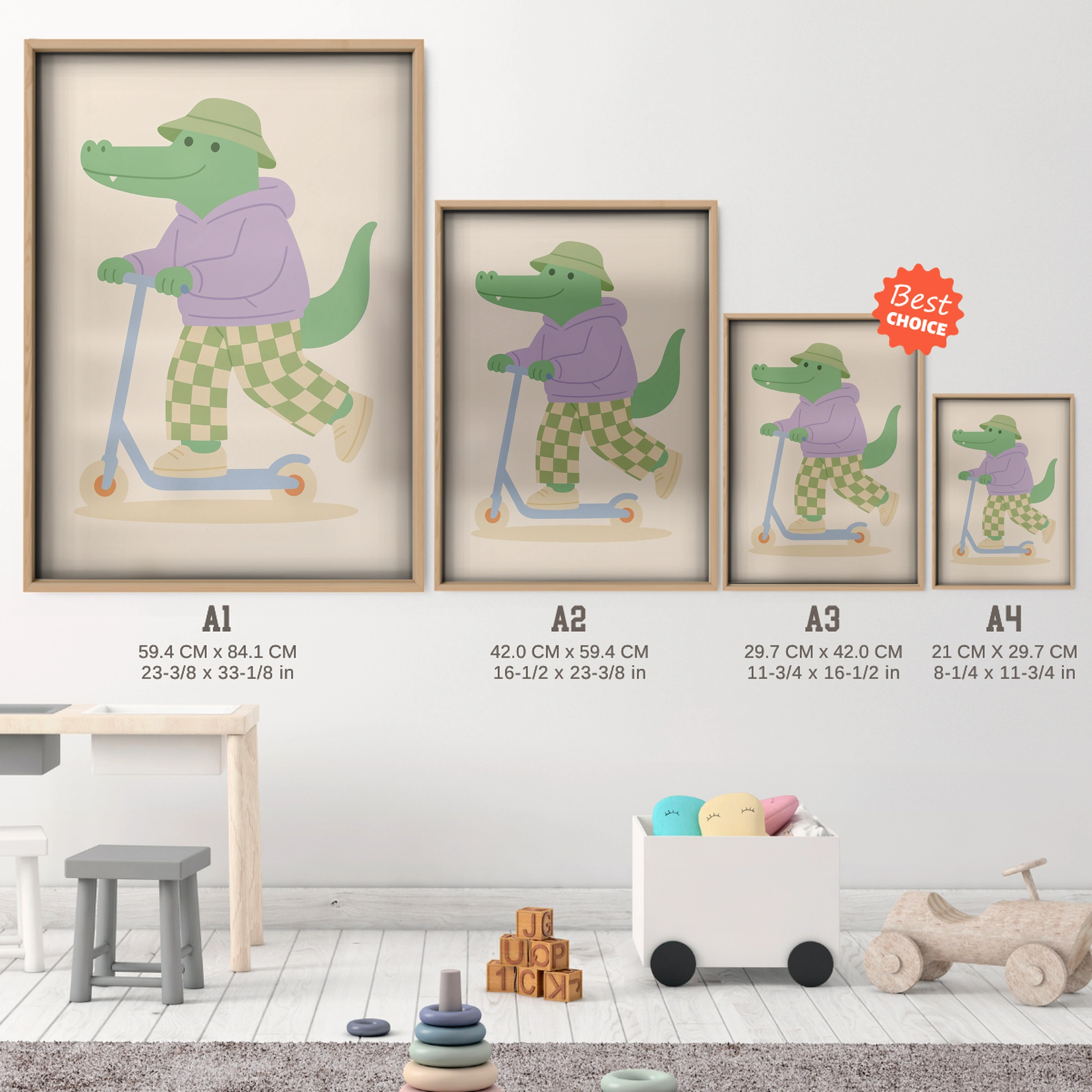Scooter Crocodile Nursery Print - size guide A4 A3 A2 A1 nursery print