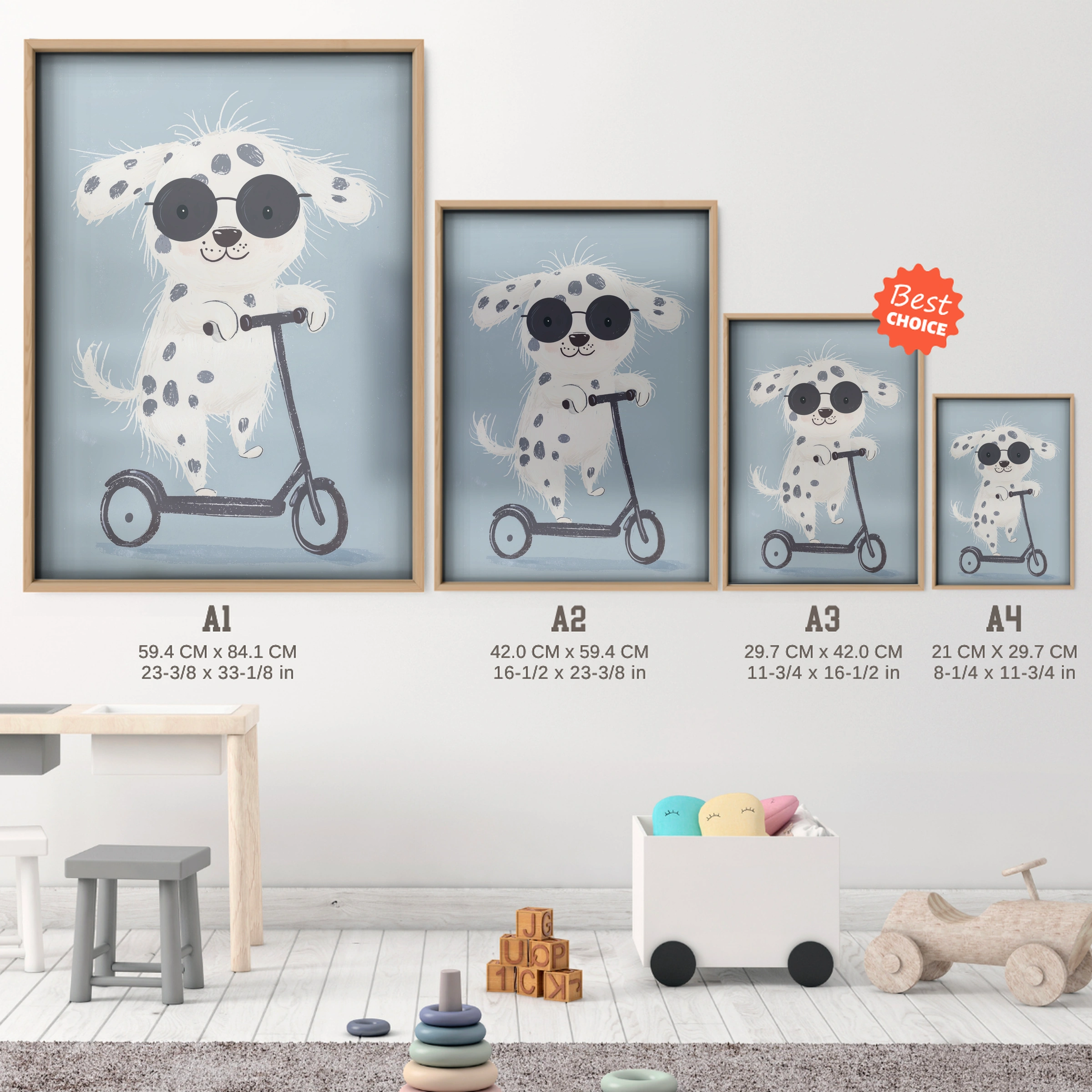 Scooter Dalmatian Nursery Print - size guide A4 A3 A2 A1 nursery print