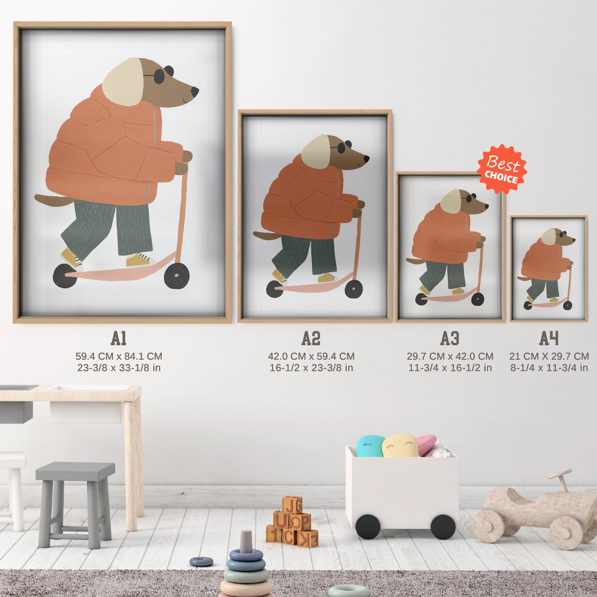 Scooter Dog Nursery Print - size guide A4 A3 A2 A1 nursery print