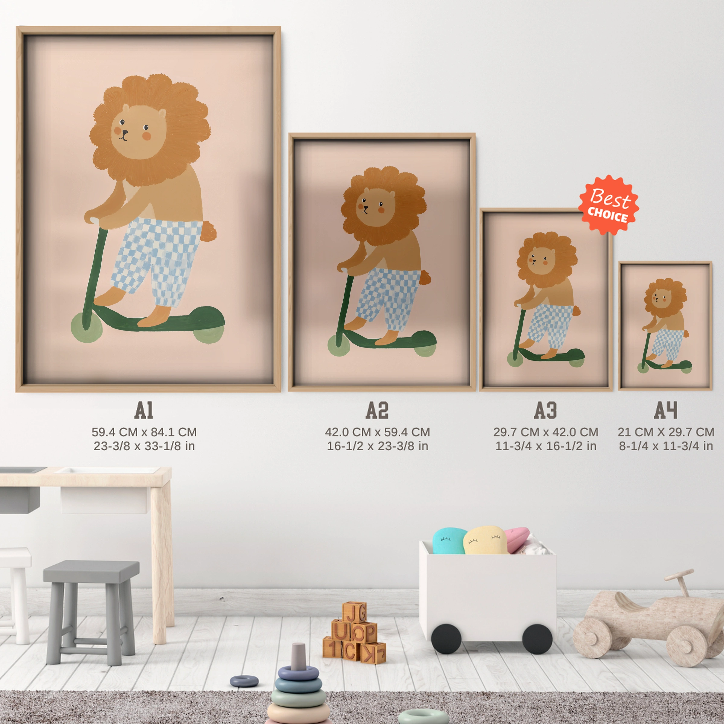 Scooter Lion Nursery Print - size guide A4 A3 A2 A1 nursery print