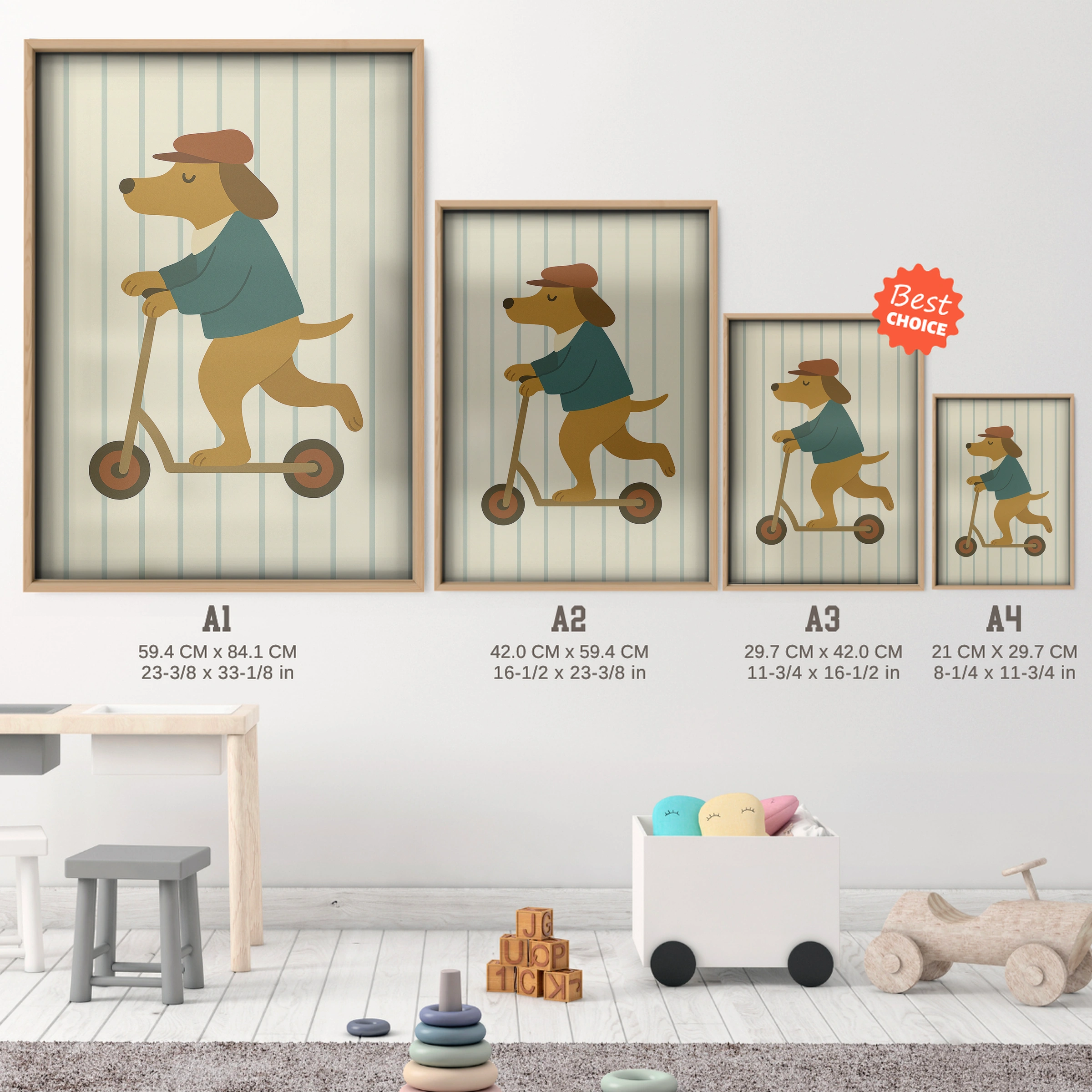 Scooter Pup Nursery Print - size guide A4 A3 A2 A1 nursery print