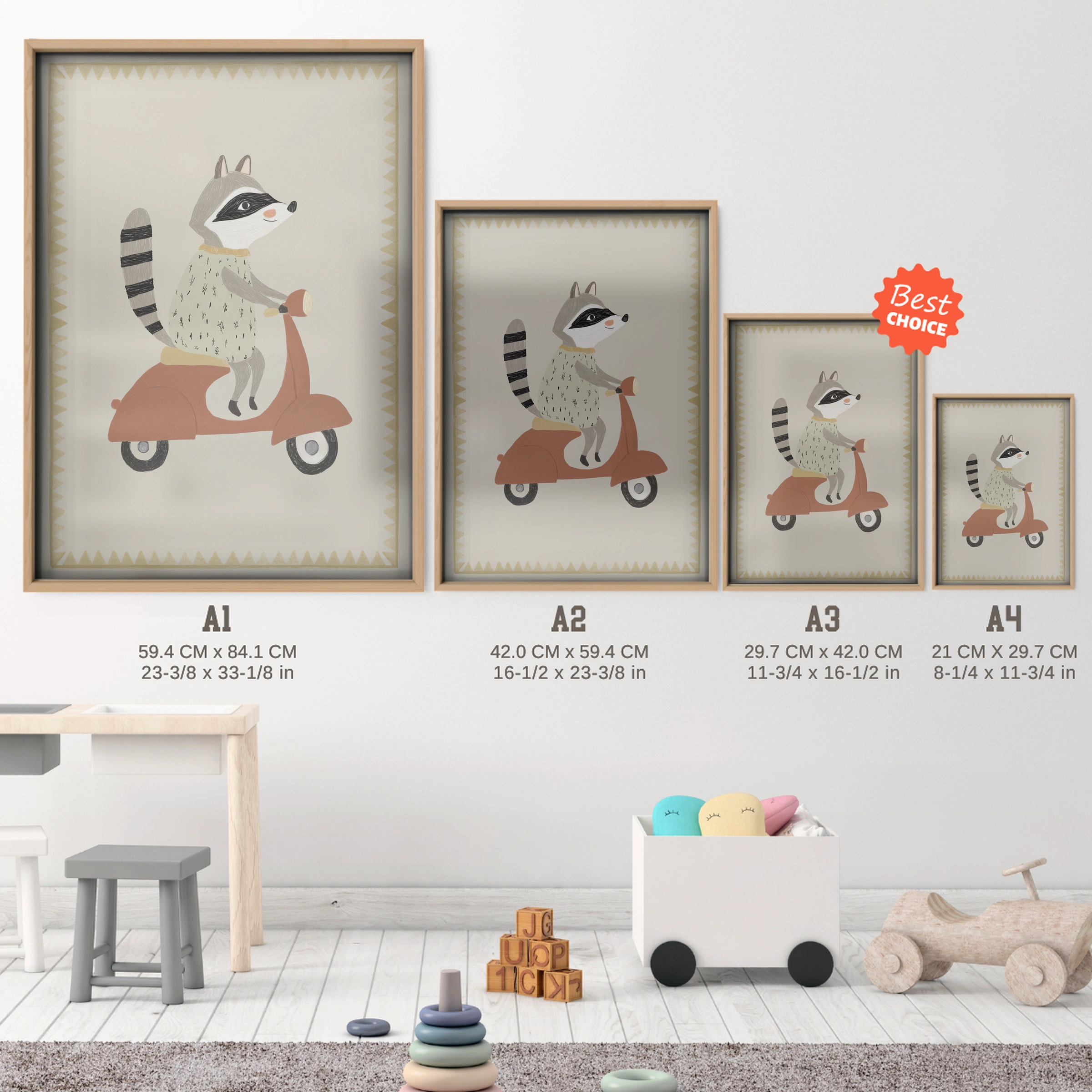 Scooter Raccoon Nursery Print - size guide A4 A3 A2 A1 nursery print