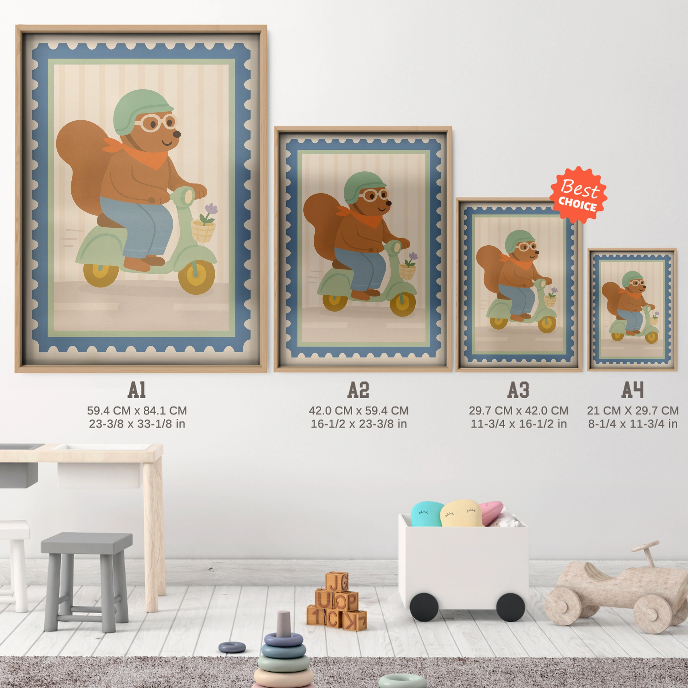 Scooter Squirrel Nursery Print - size guide A4 A3 A2 A1 nursery print