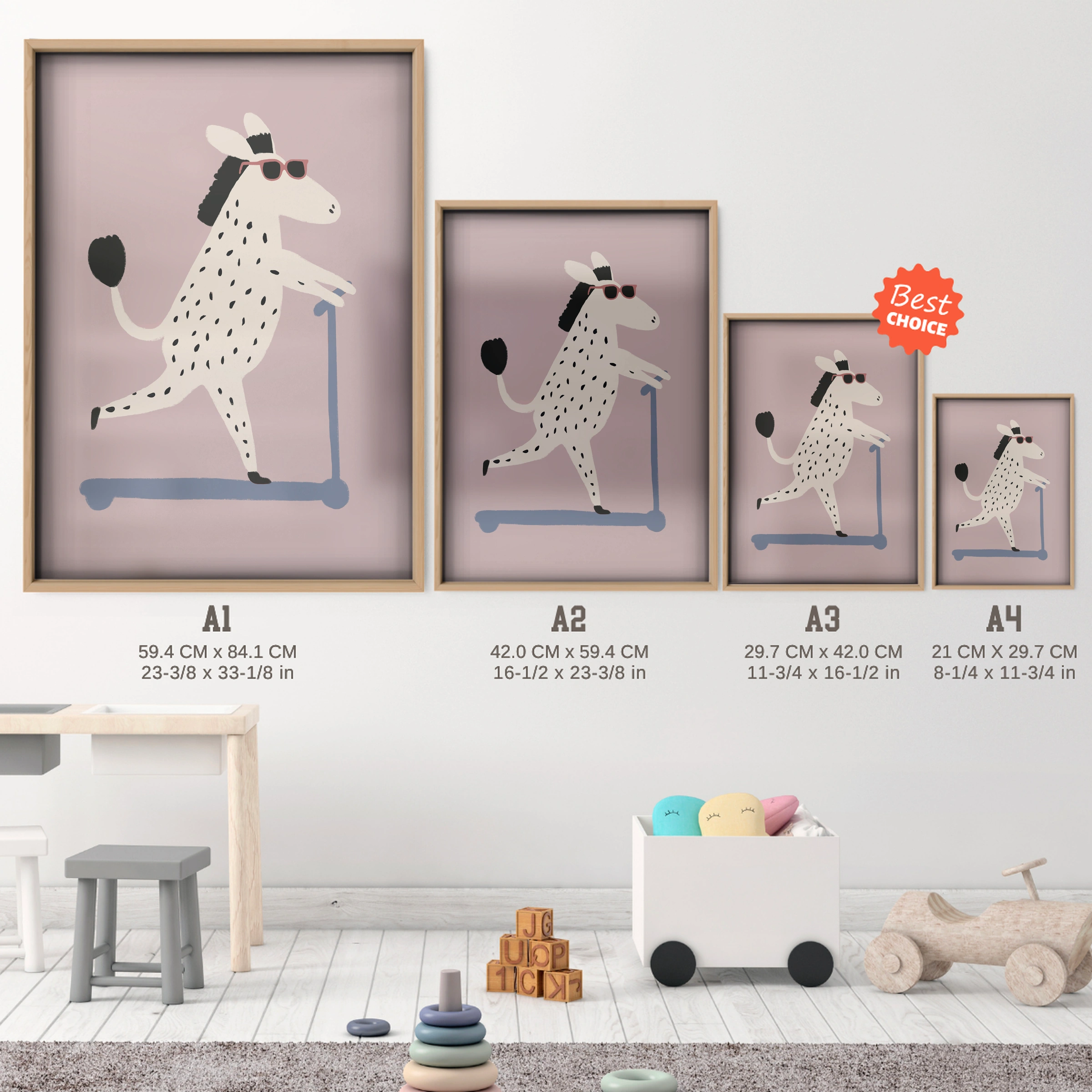 Scooter Zebra Nursery Print - size guide A4 A3 A2 A1 nursery print