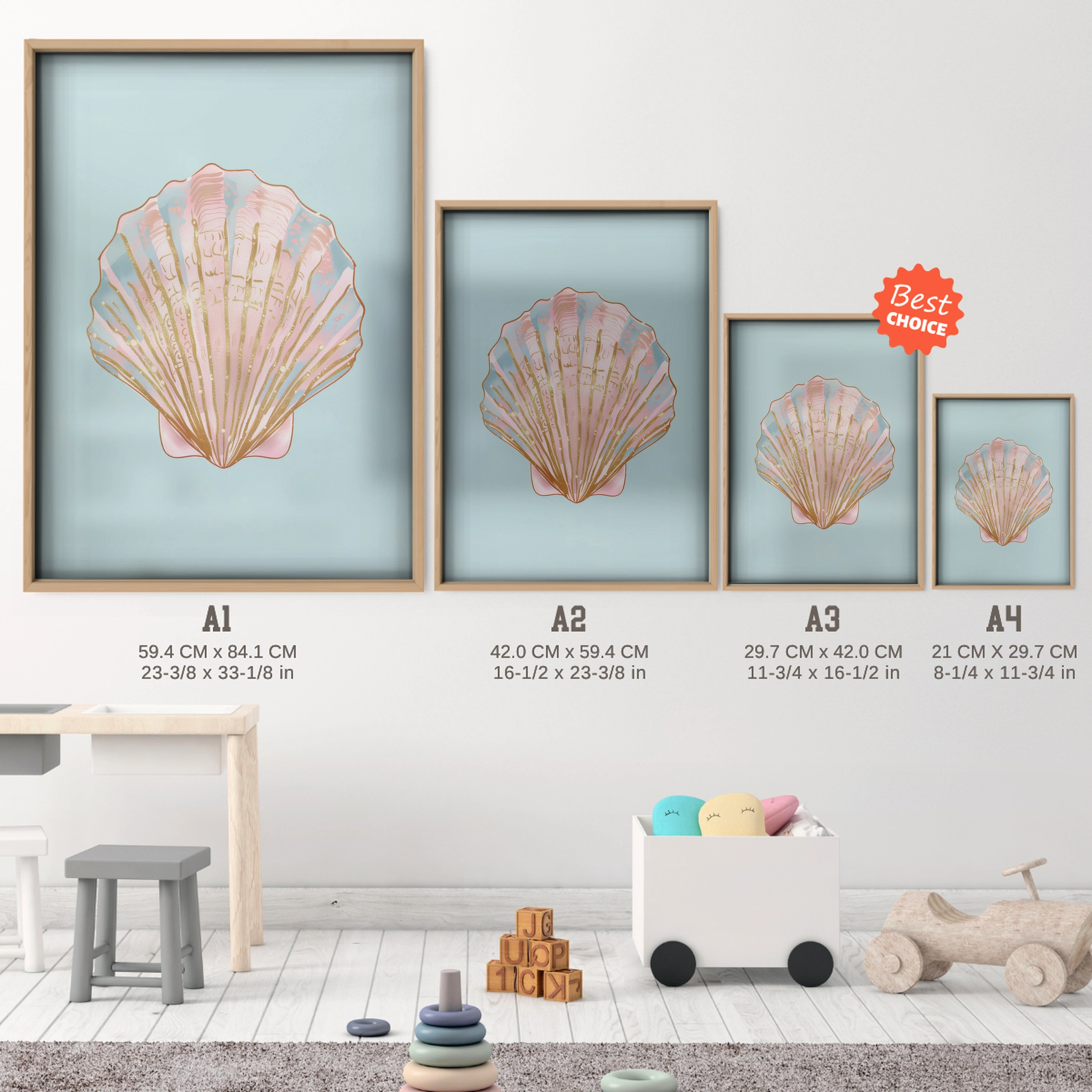 Seashell Nursery Print - size guide A4 A3 A2 A1 nursery print