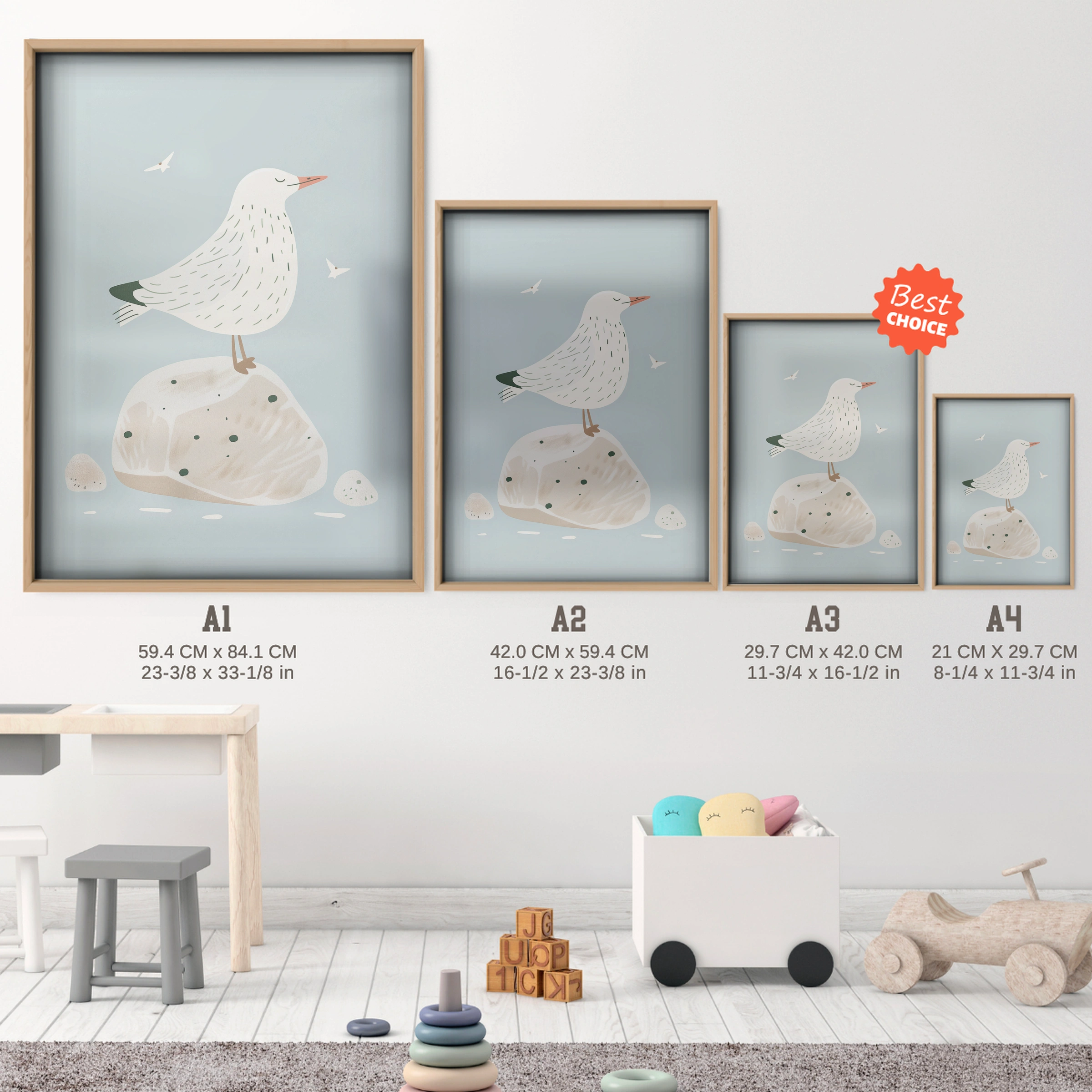 Seaside Gulls Nursery Print - size guide A4 A3 A2 A1 nursery print