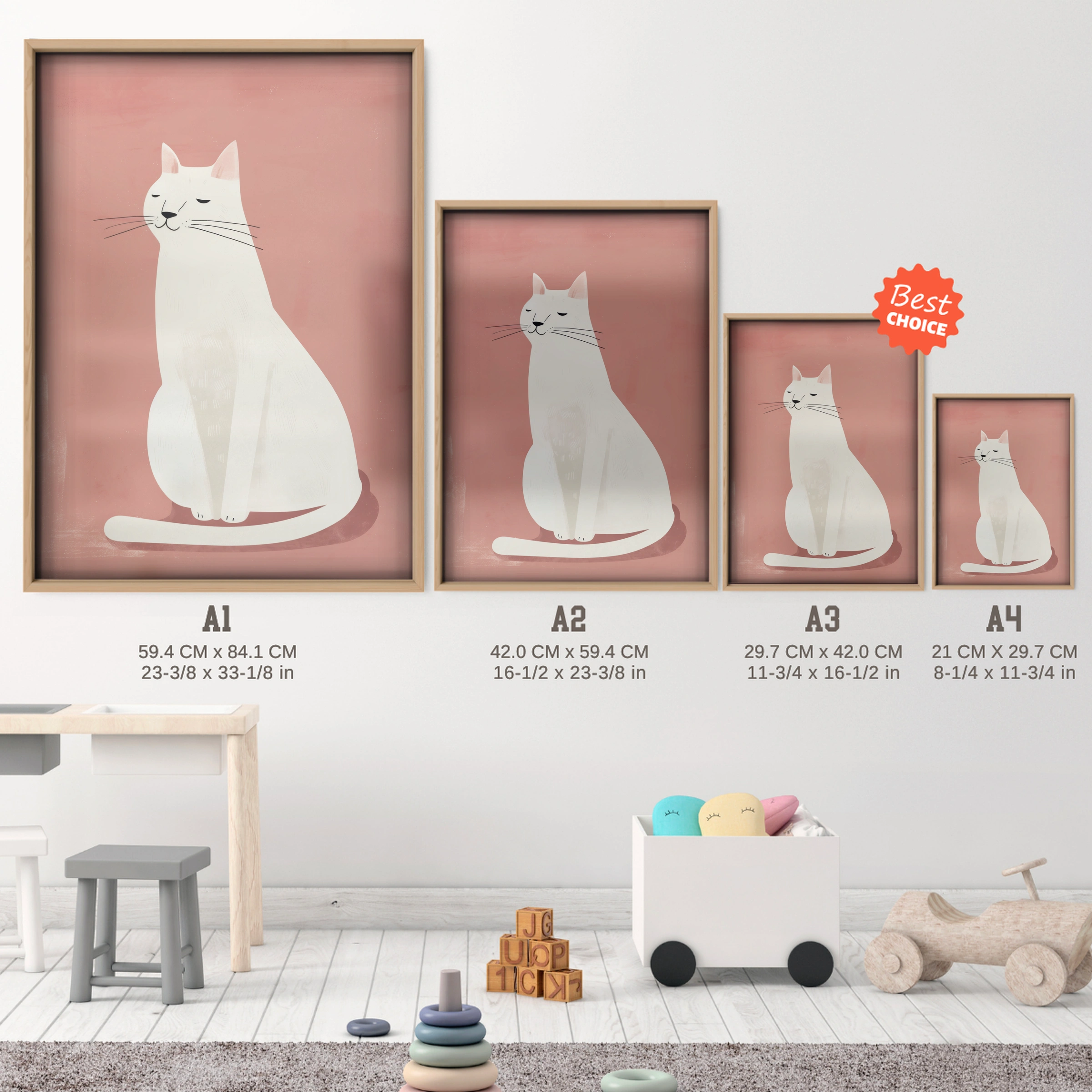 Serene White Cat Nursery Print - size guide A4 A3 A2 A1 nursery print