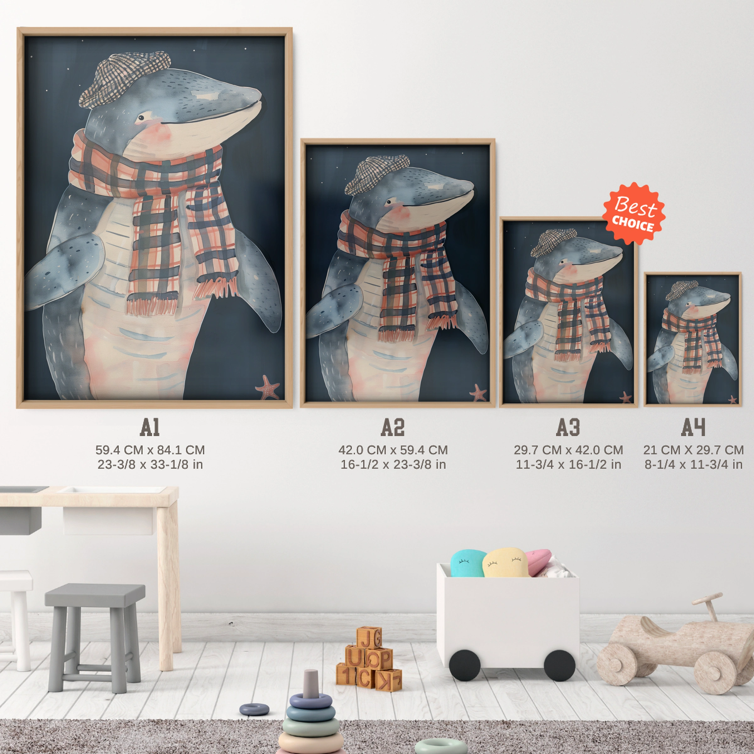 Shark in a Scarf Nursery Print - size guide A4 A3 A2 A1 nursery print