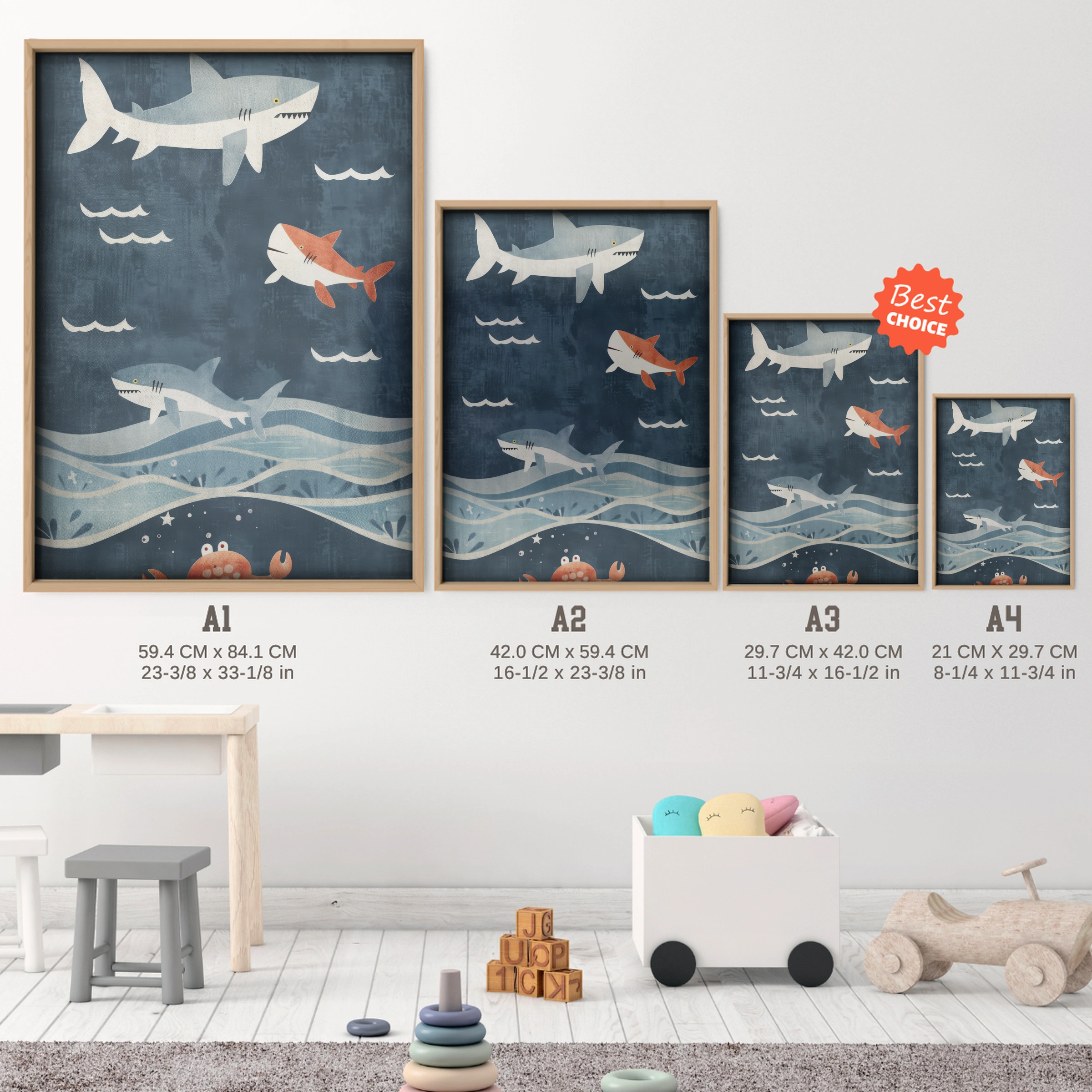 Sharks in the Ocean Nursery Print - size guide A4 A3 A2 A1 nursery print
