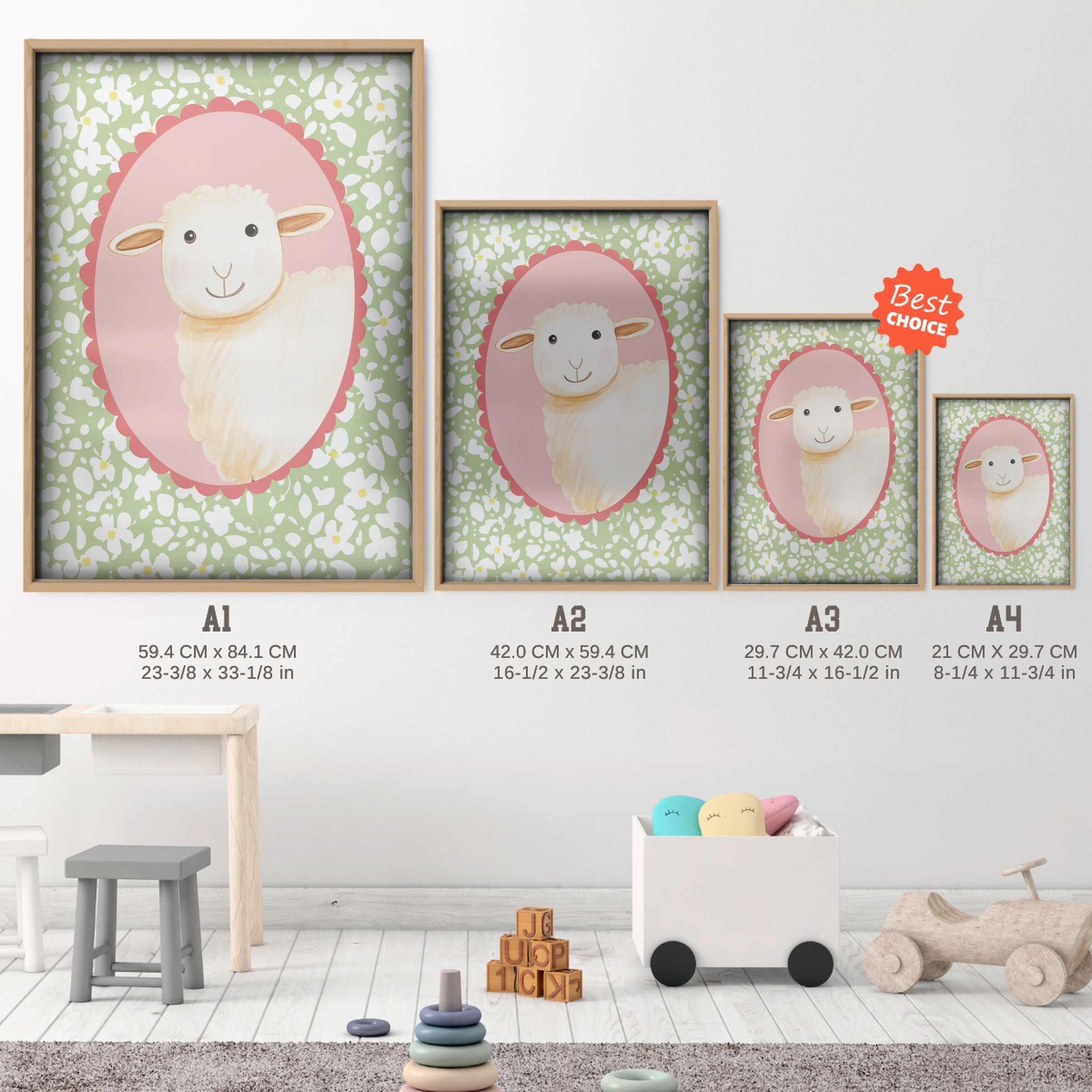 Sheep Cameo Nursery Print - size guide A4 A3 A2 A1 nursery print