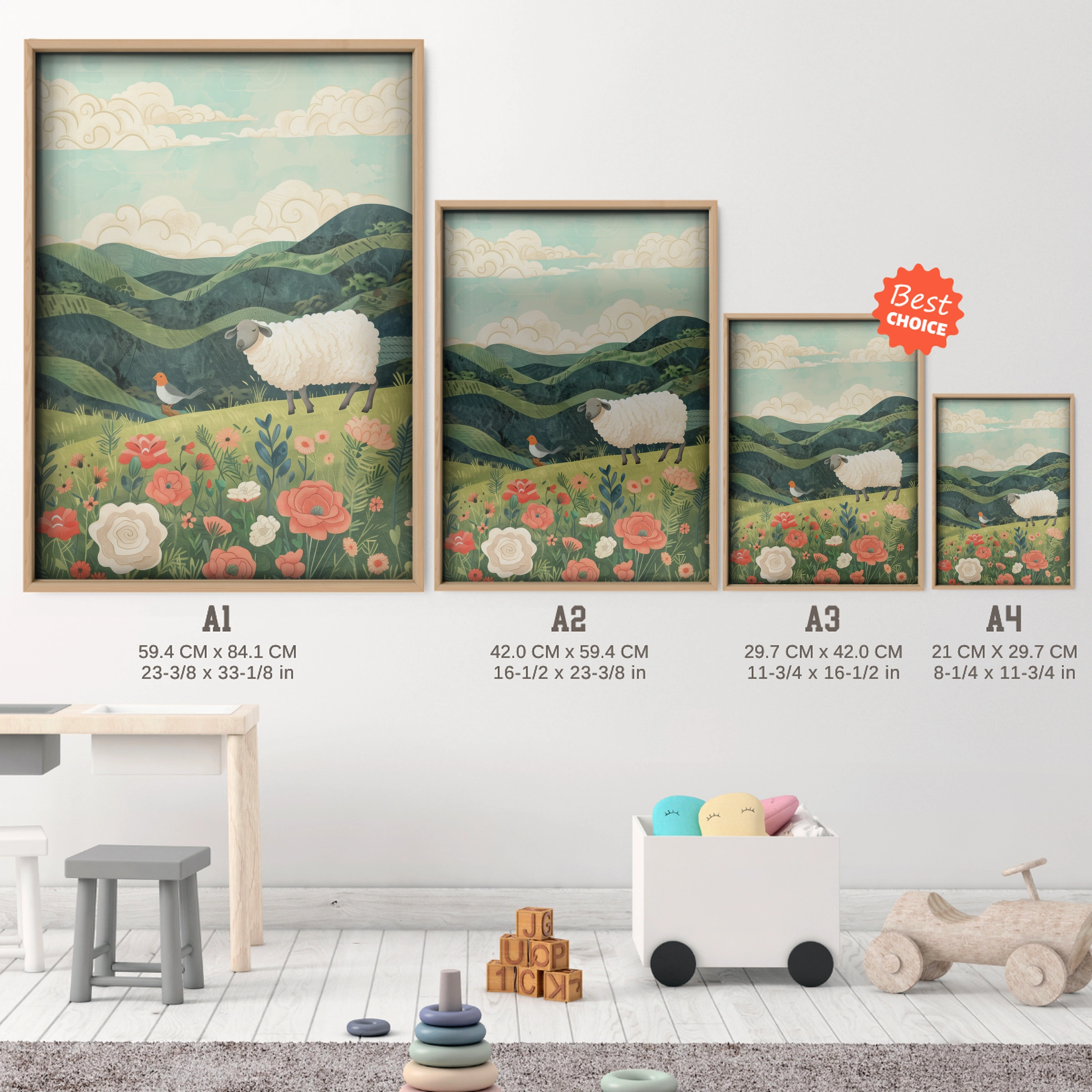 Sheep in the Meadow Nursery Print - size guide A4 A3 A2 A1 nursery print