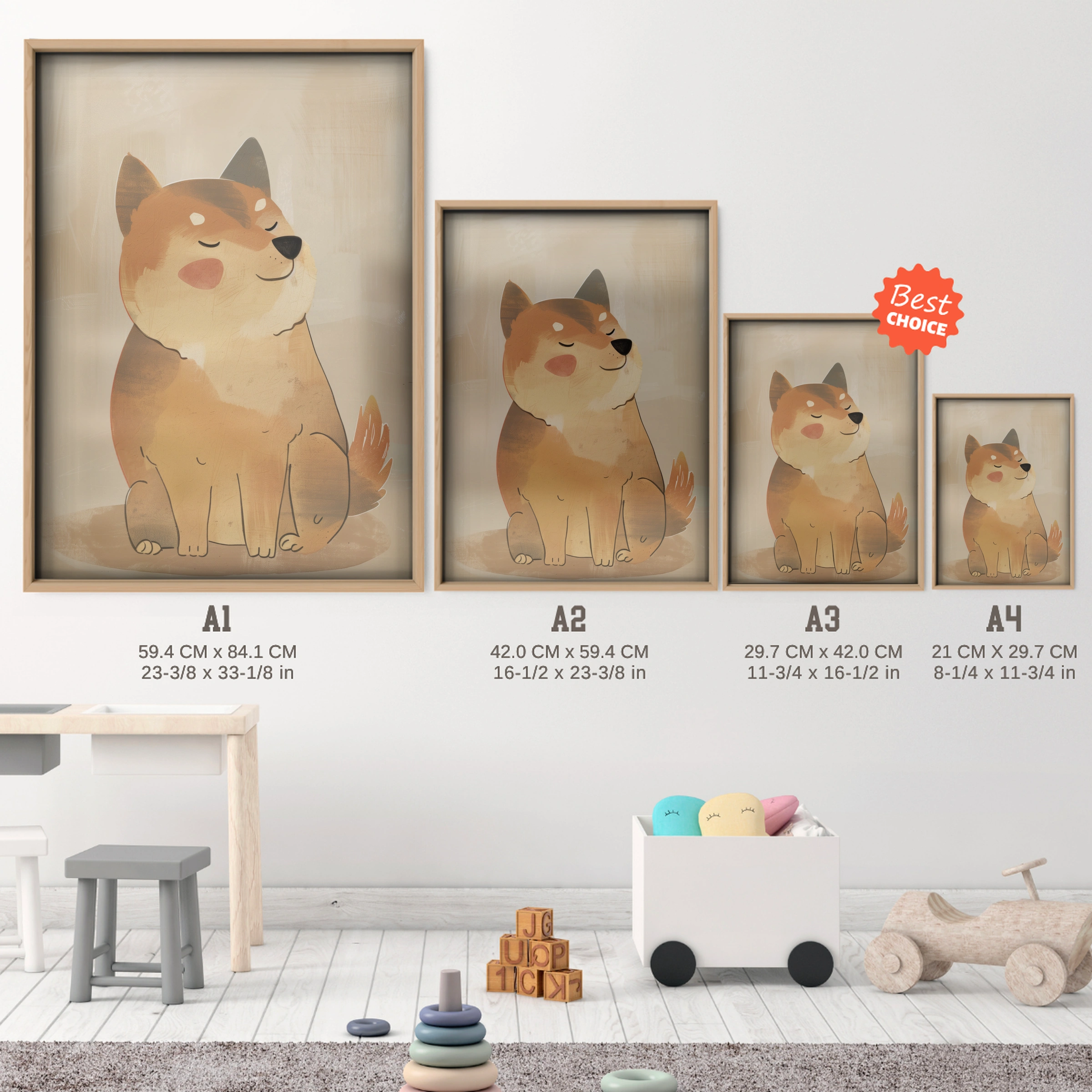 Shiba Dog Nursery Print - size guide A4 A3 A2 A1 nursery print
