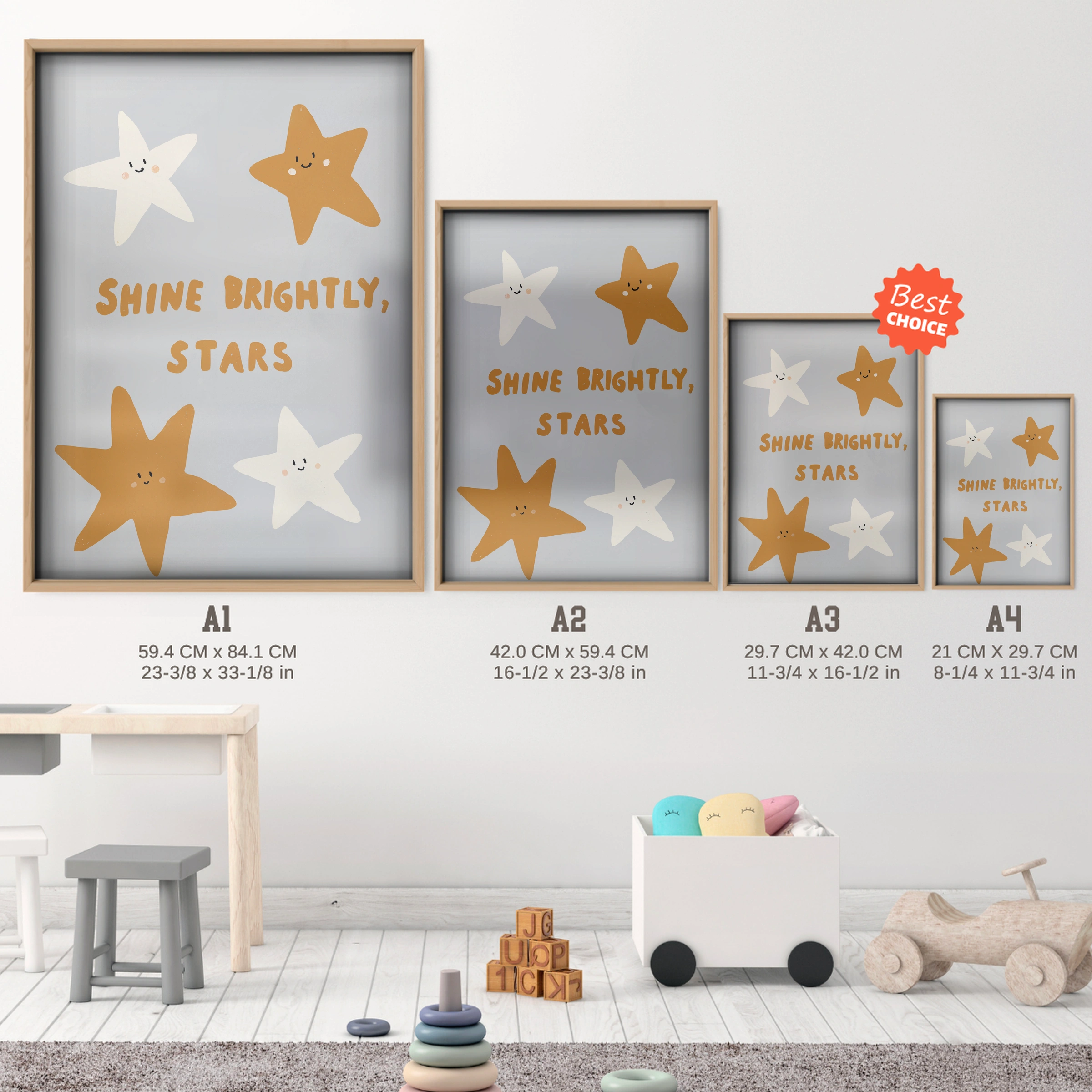 Shine Brightly Stars Nursery Print - size guide A4 A3 A2 A1 nursery print
