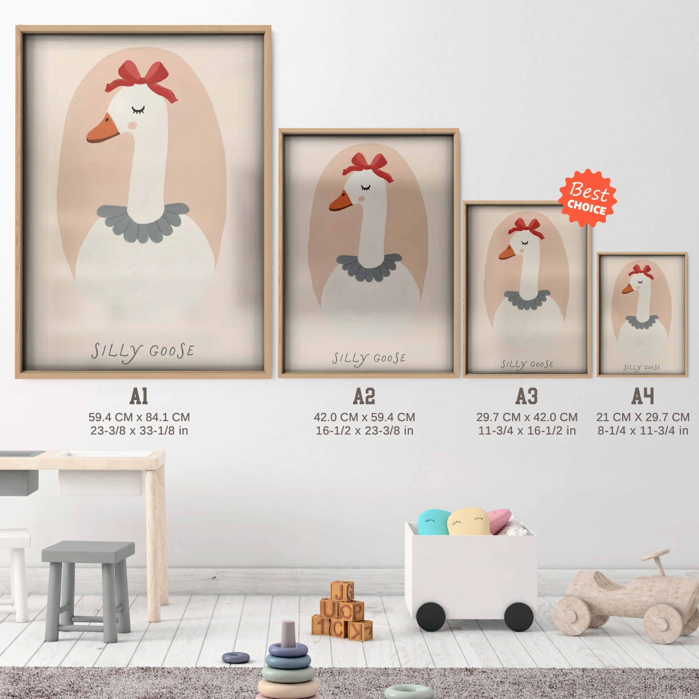 Silly Goose Nursery Print - size guide A4 A3 A2 A1 nursery print