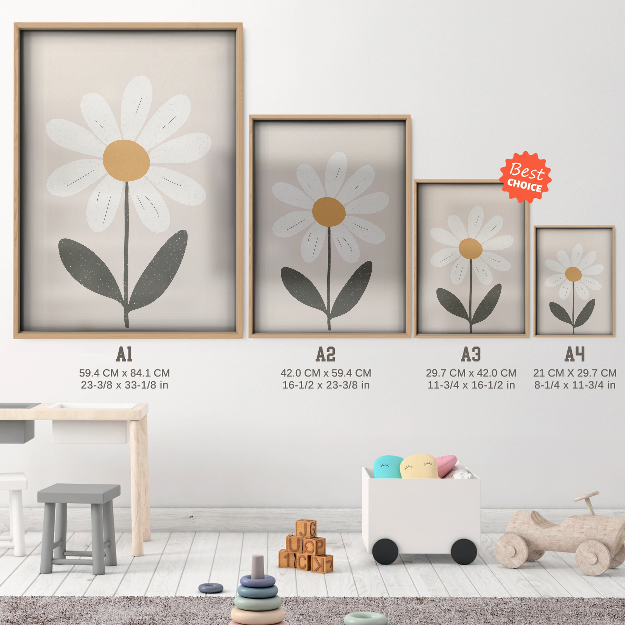 Single Daisy Nursery Print - size guide A4 A3 A2 A1 nursery print