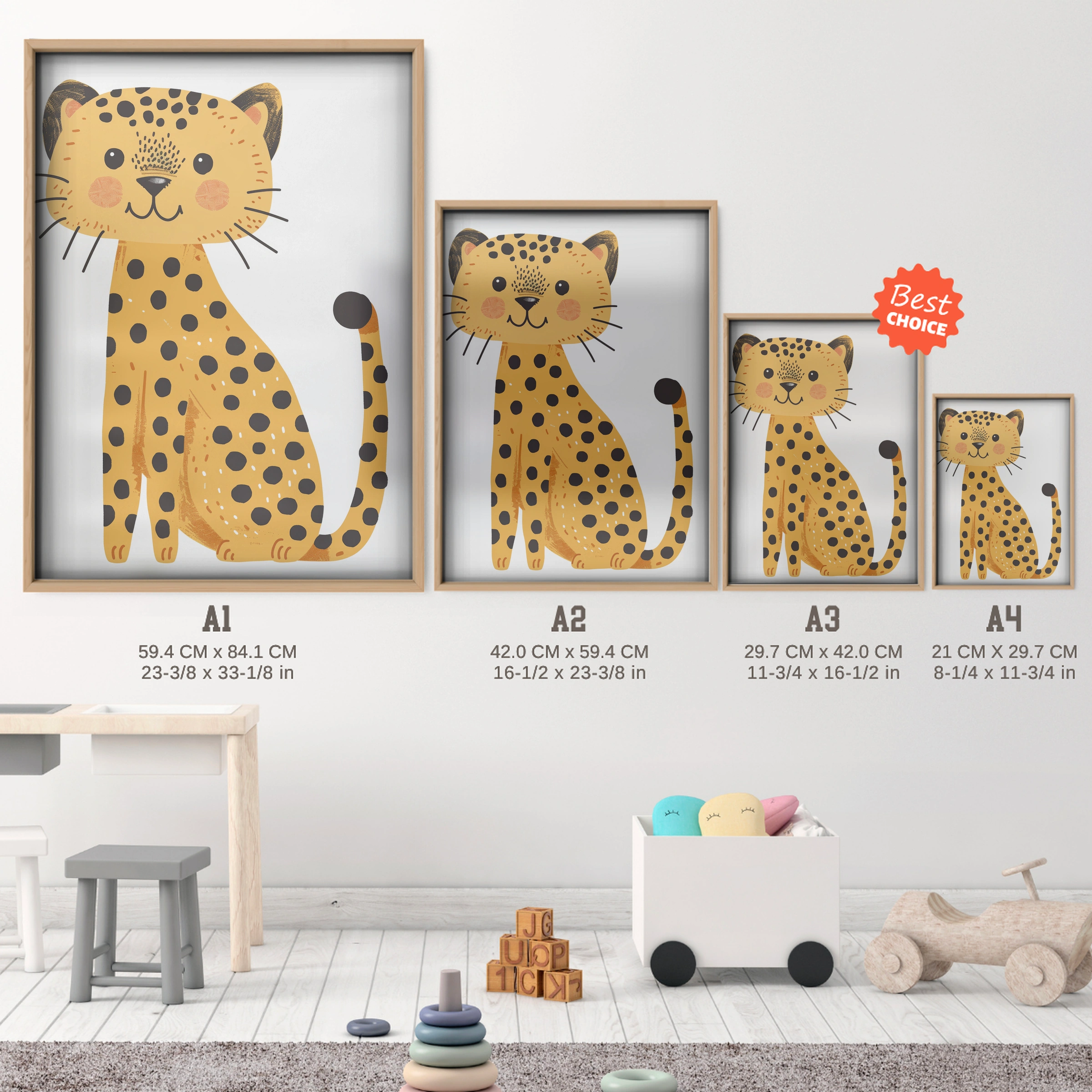 Sitting Cheetah Nursery Print - size guide A4 A3 A2 A1 nursery print