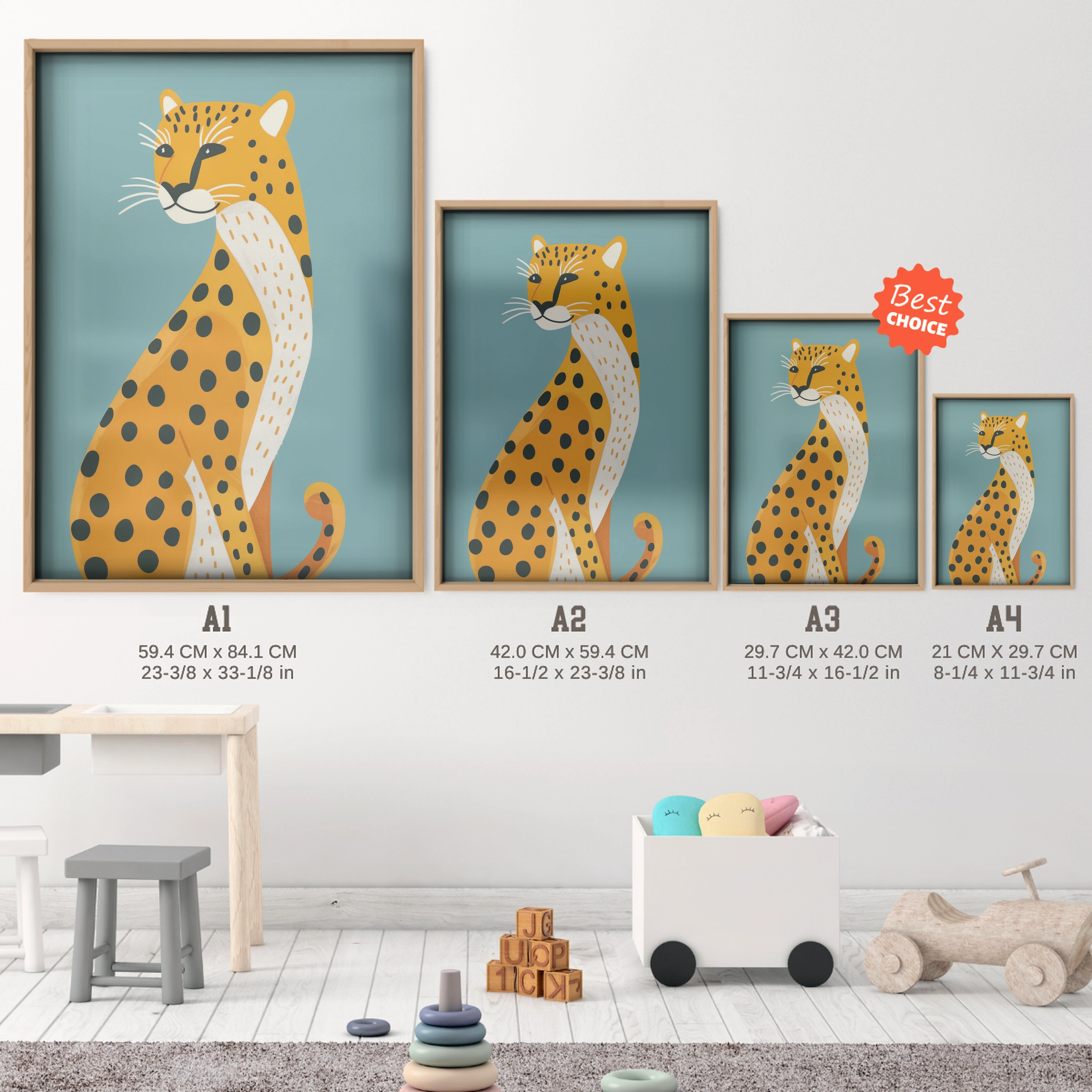 Sitting Cheetah Two Nursery Print - size guide A4 A3 A2 A1 nursery print