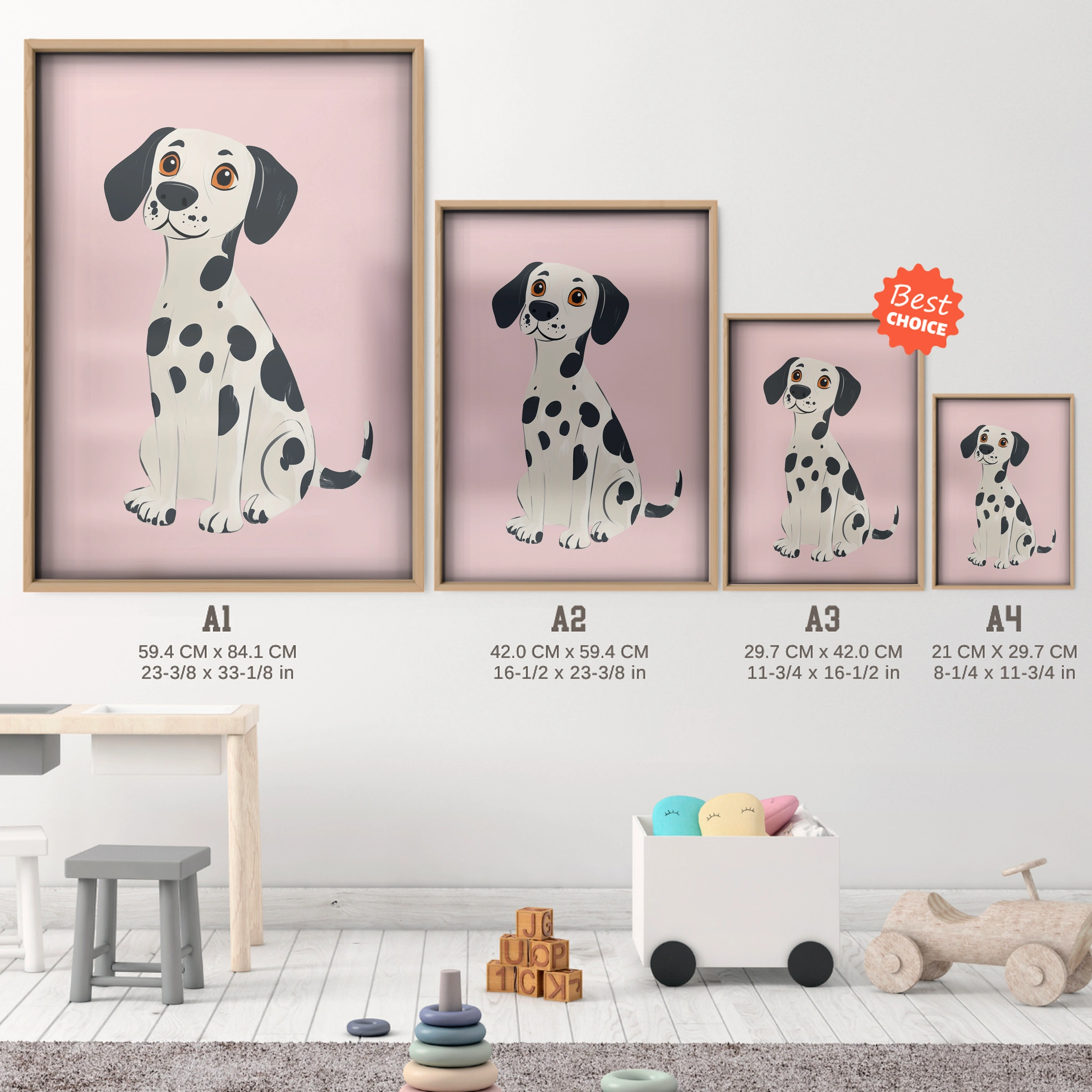Sitting Dalmatian Nursery Print - size guide A4 A3 A2 A1 nursery print