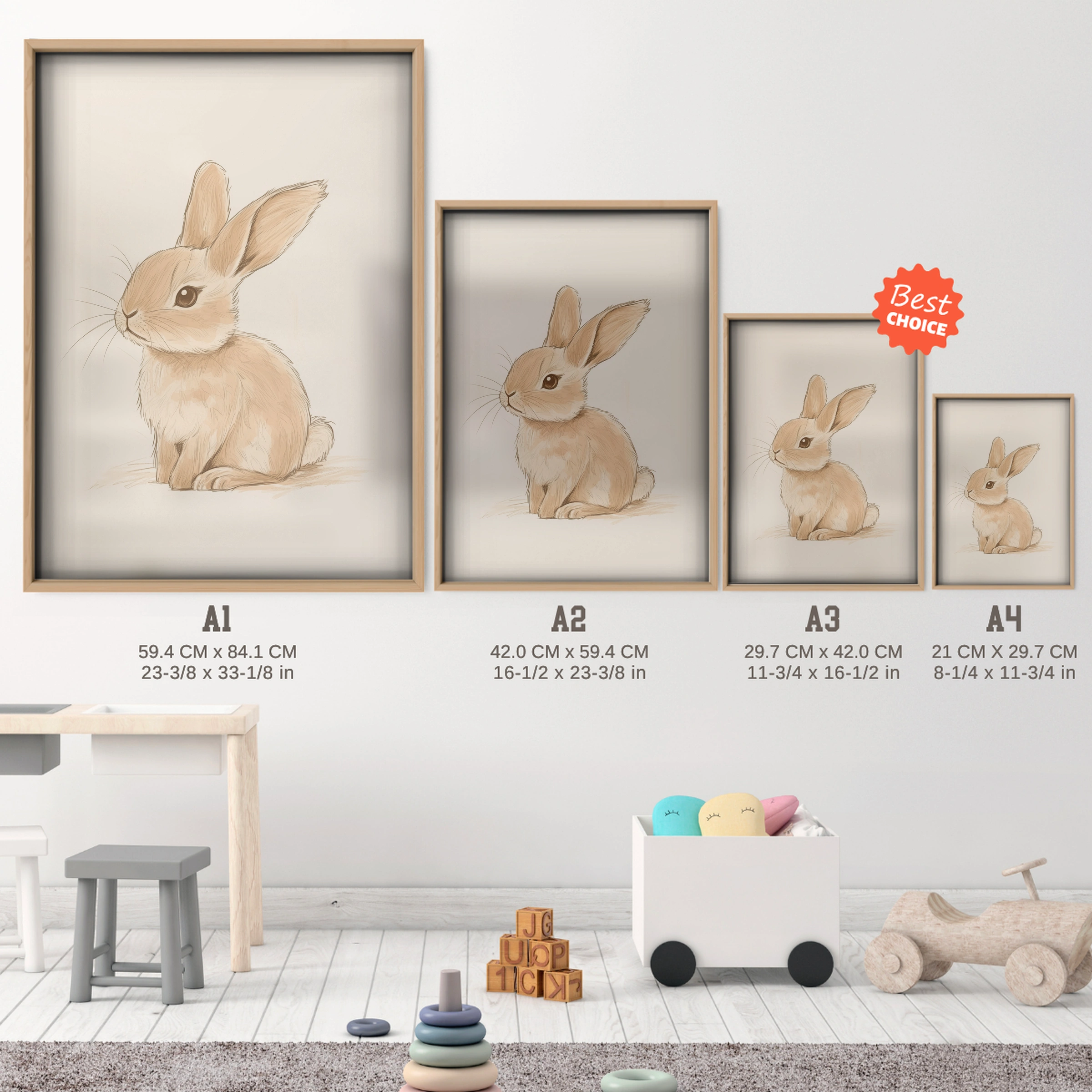 Sitting Rabbit Nursery Print - size guide A4 A3 A2 A1 nursery print