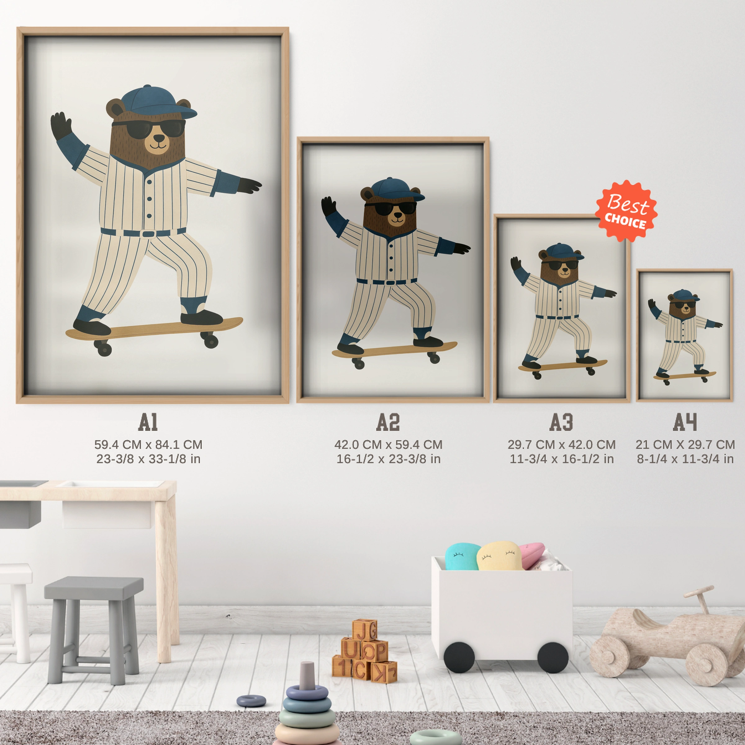 Skateboard Baseball Bear Nursery Print - size guide A4 A3 A2 A1 nursery print