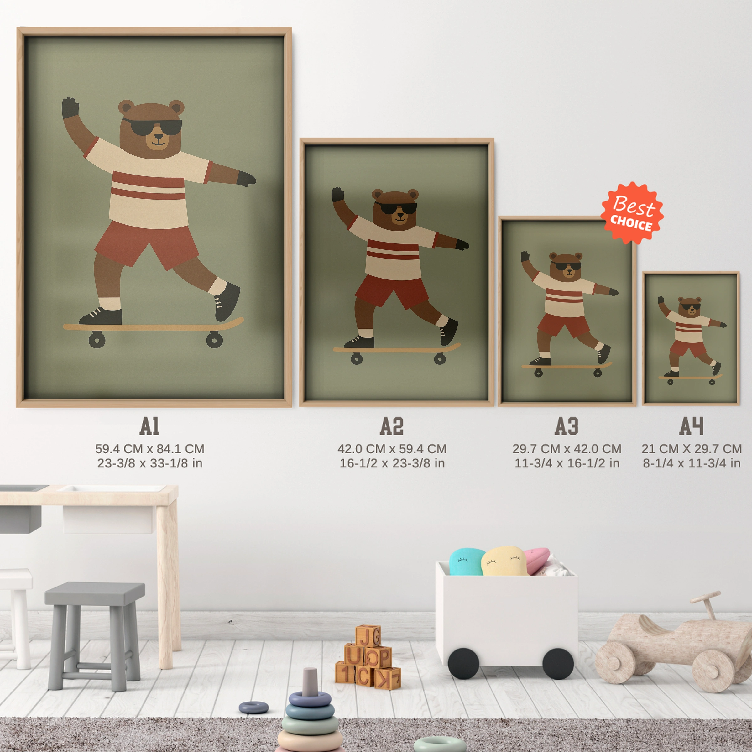 Skateboard Bear Nursery Print - size guide A4 A3 A2 A1 nursery print