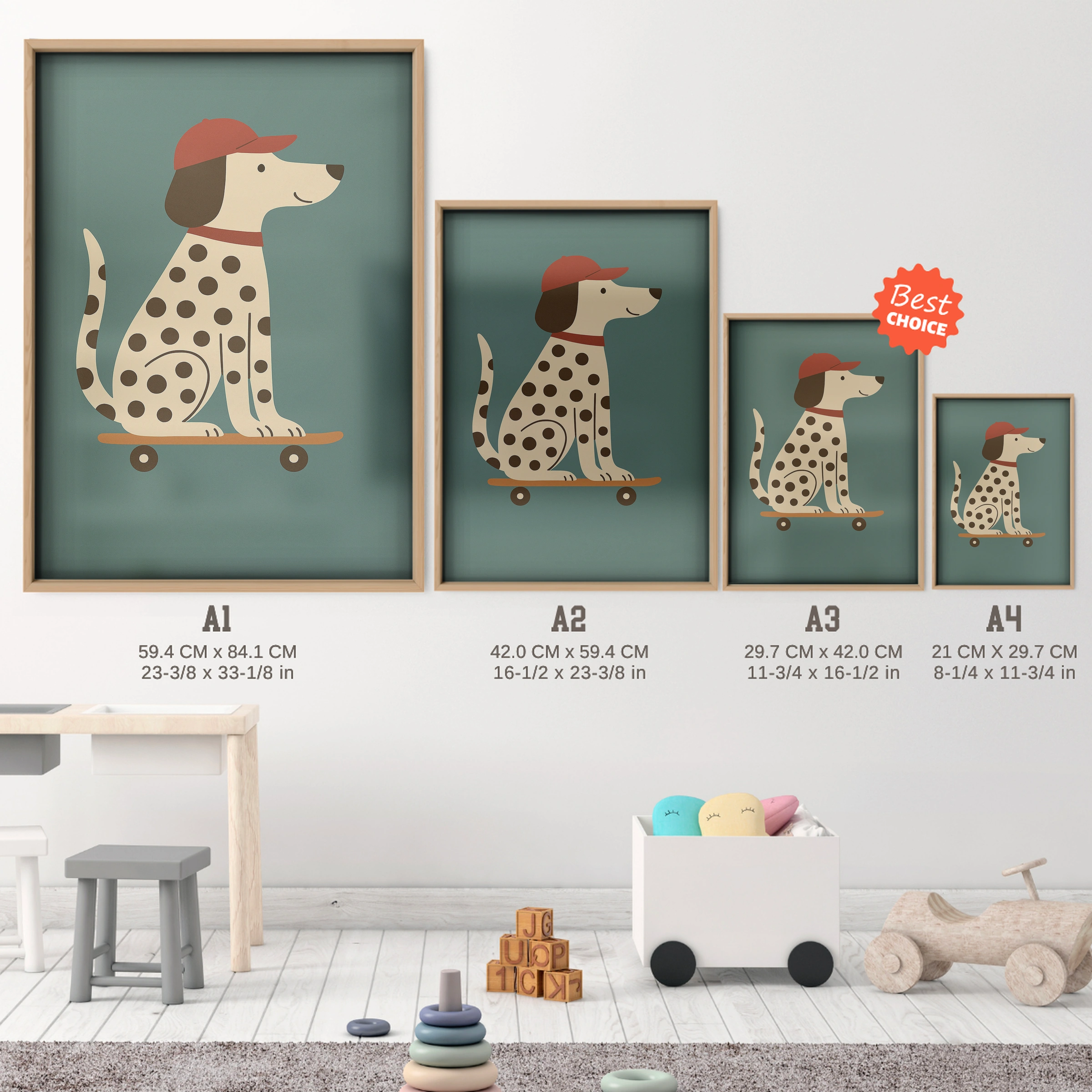 Skateboard Dalmatian Nursery Print - size guide A4 A3 A2 A1 nursery print