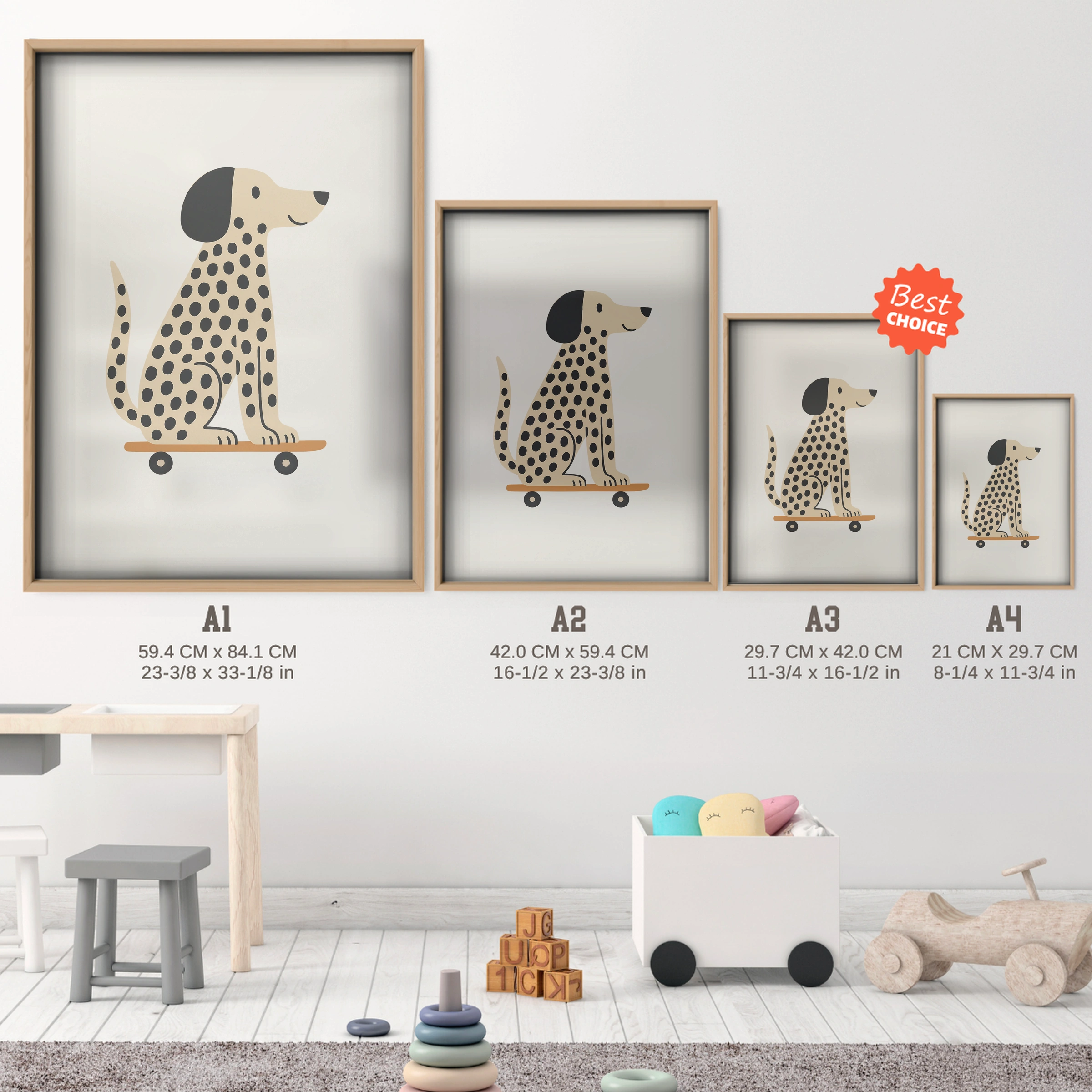 Skateboard Dalmatian Two Nursery Print - size guide A4 A3 A2 A1 nursery print
