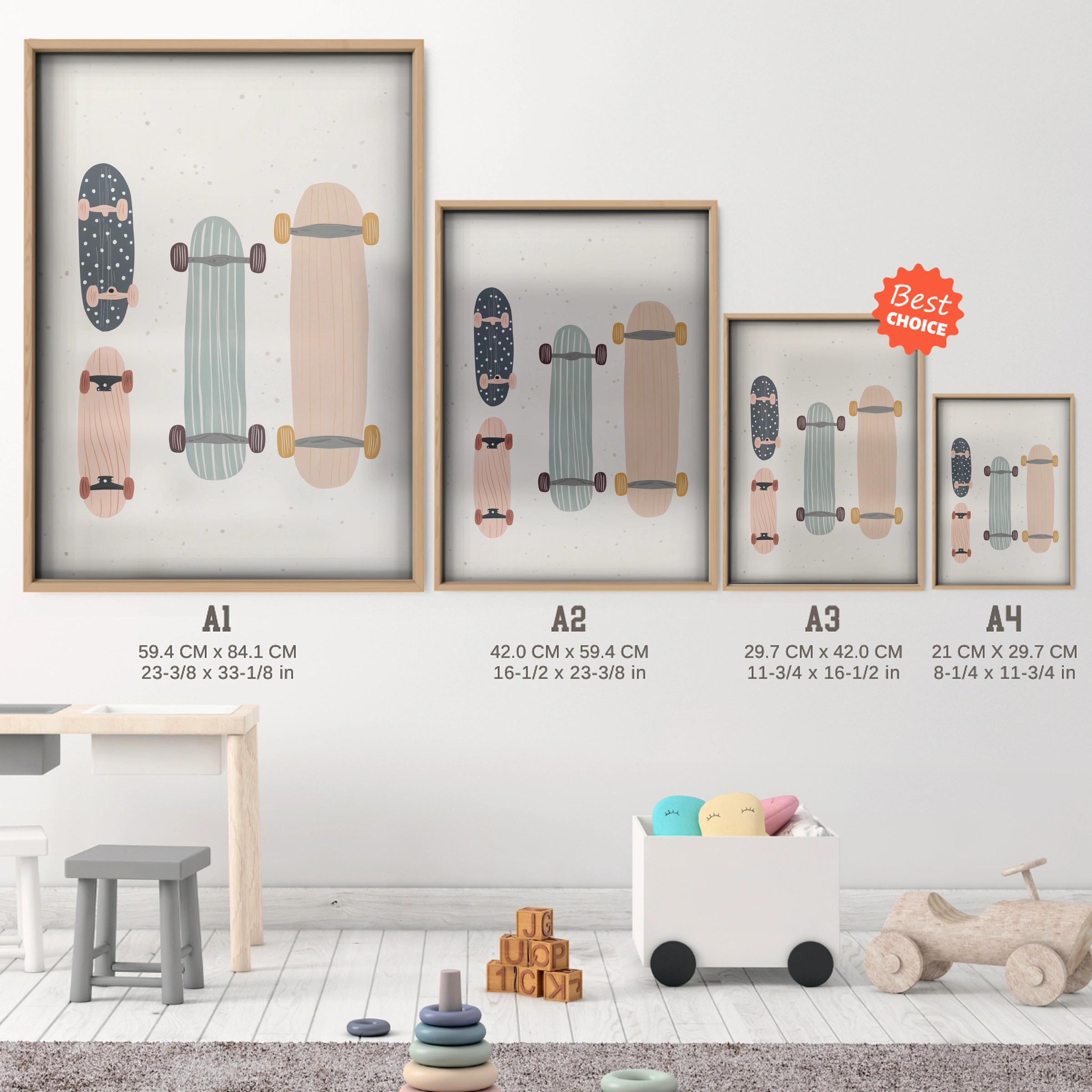 Skateboard Nursery Print - size guide A4 A3 A2 A1 nursery print