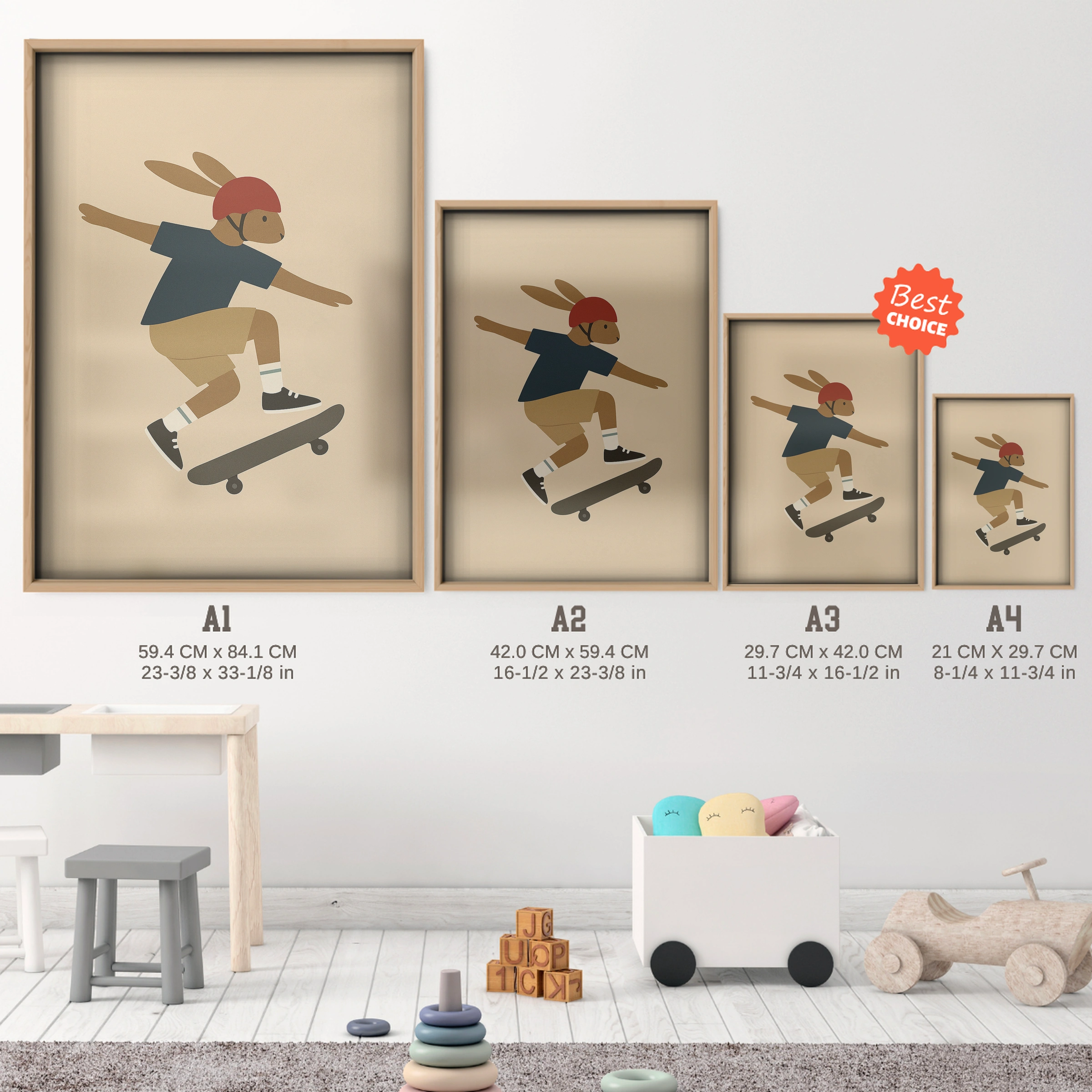 Skateboard Rabbit Nursery Print - size guide A4 A3 A2 A1 nursery print