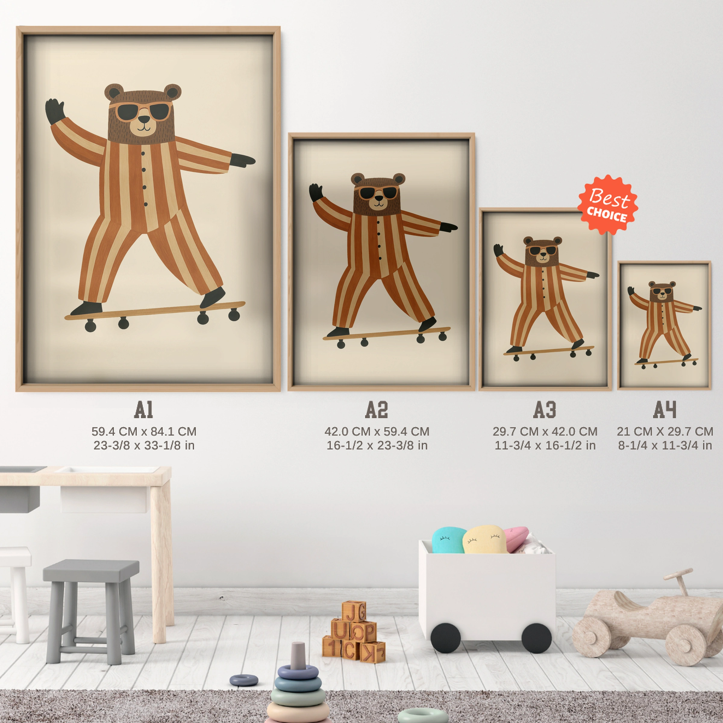 Skateboarding Bear Nursery Print - size guide A4 A3 A2 A1 nursery print