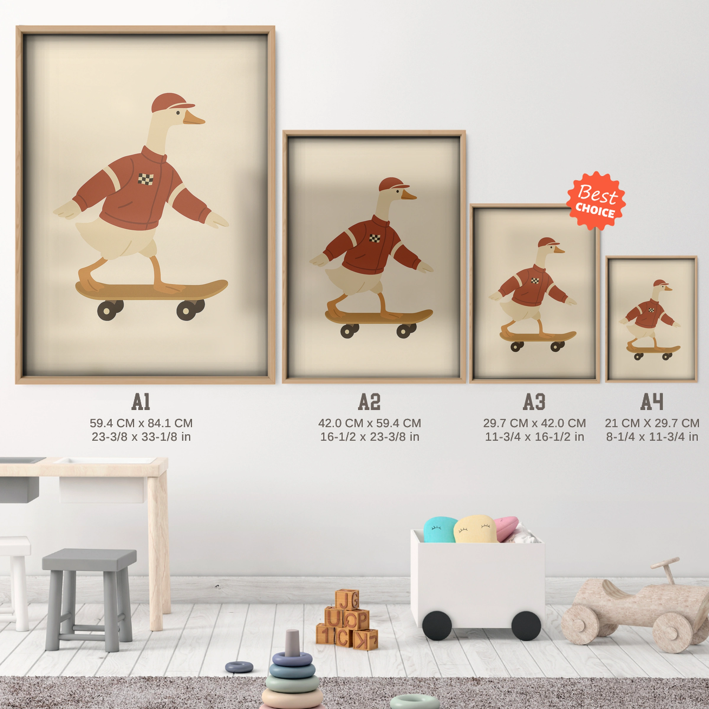 Skateboarding Goose Nursery Print - size guide A4 A3 A2 A1 nursery print