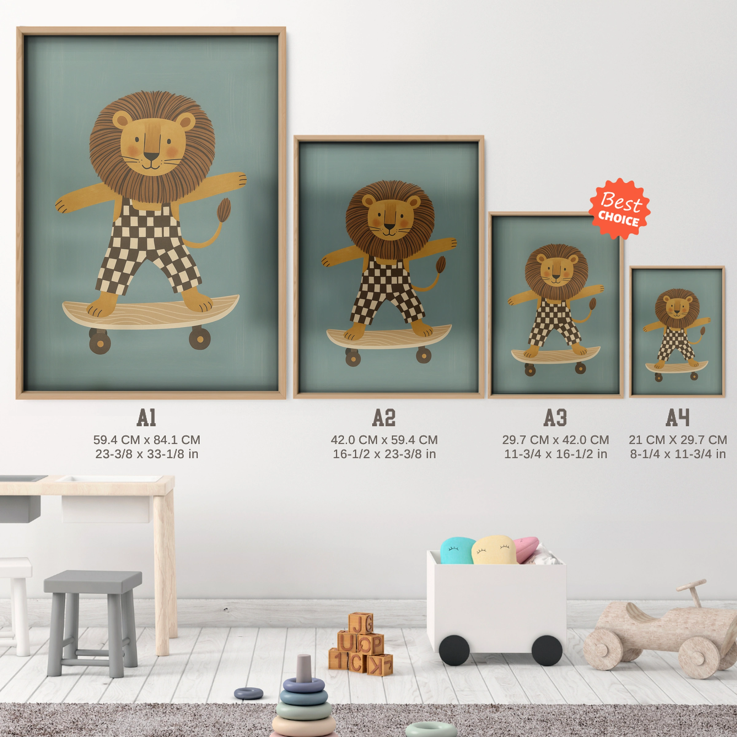 Skateboarding Lion Nursery Print - size guide A4 A3 A2 A1 nursery print