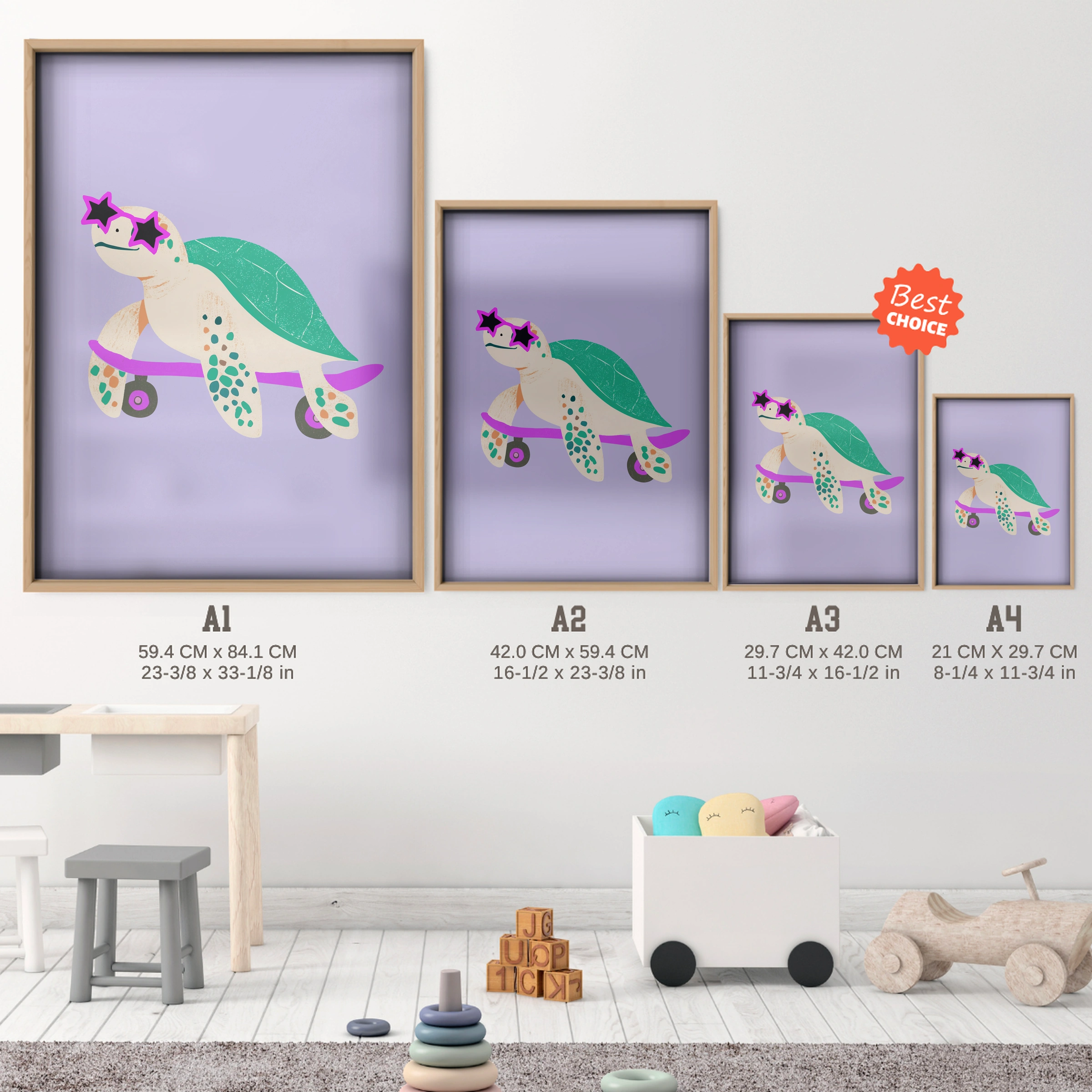 Skateboarding Turtle Nursery Print - size guide A4 A3 A2 A1 nursery print
