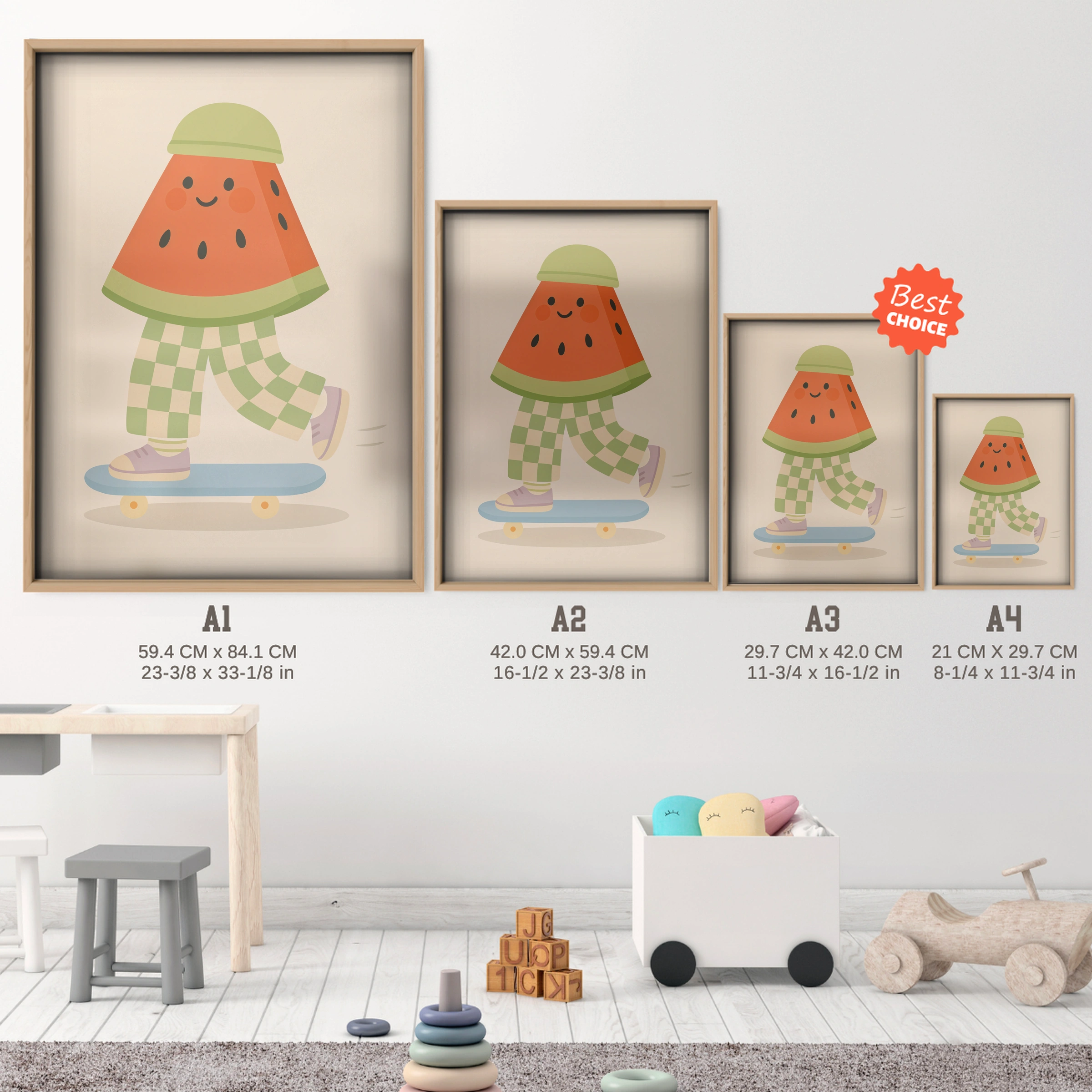 Skateboarding Watermelon Nursery Print - size guide A4 A3 A2 A1 nursery print