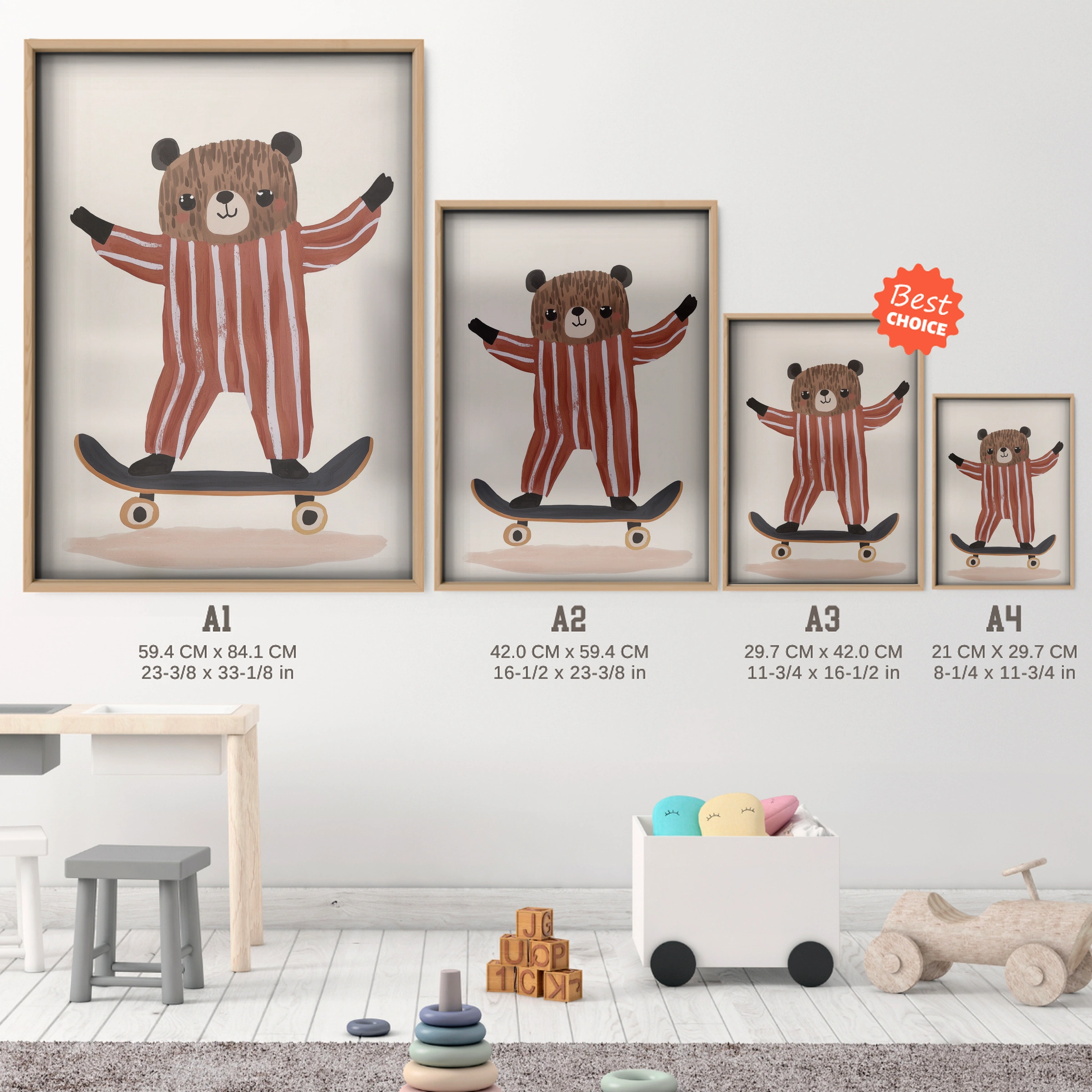 Skater Bear Nursery Print - size guide A4 A3 A2 A1 nursery print