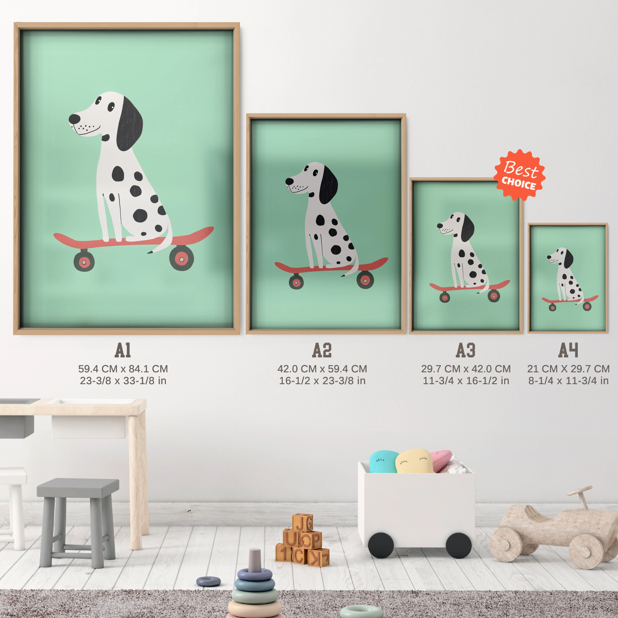 Skater Dalmatian Nursery Print - size guide A4 A3 A2 A1 nursery print