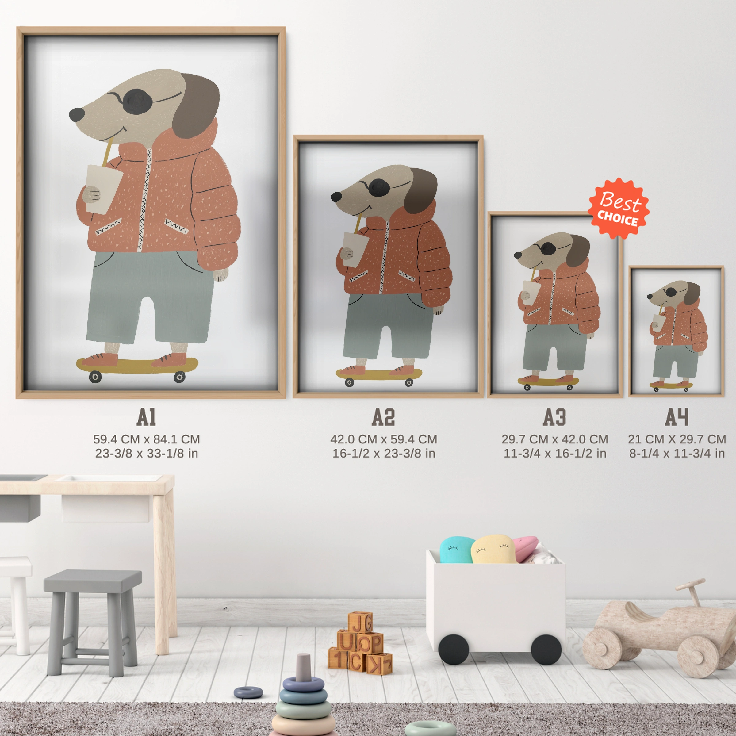 Skater Dog Nursery Print - size guide A4 A3 A2 A1 nursery print