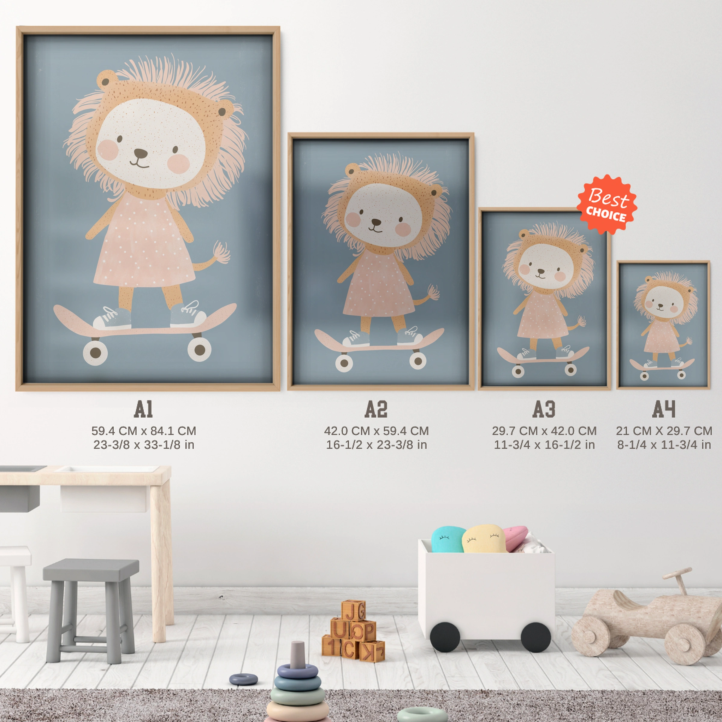 Skater Lion Nursery Print - size guide A4 A3 A2 A1 nursery print