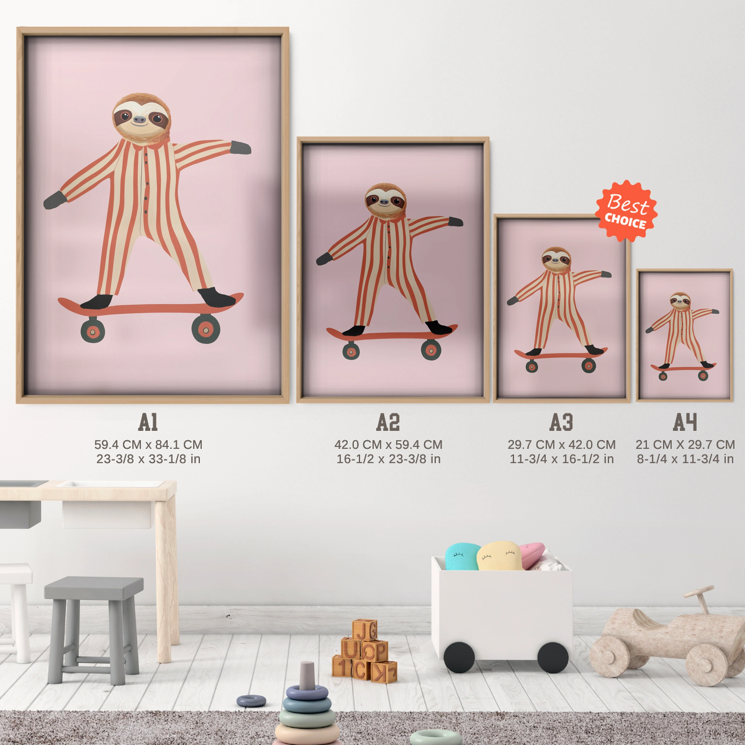 Skater Sloth Nursery Print - size guide A4 A3 A2 A1 nursery print