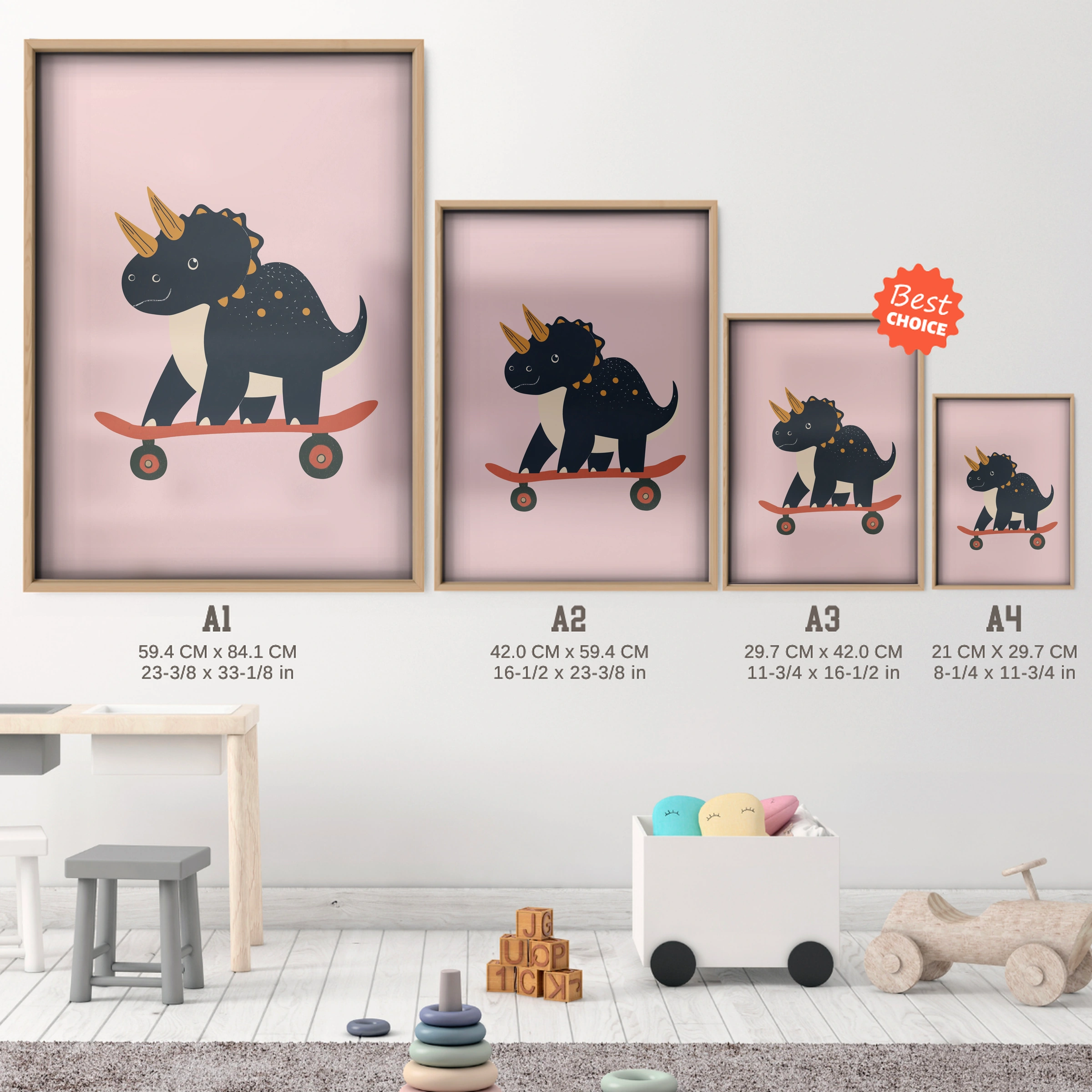 Skater Triceratops Nursery Print - size guide A4 A3 A2 A1 nursery print