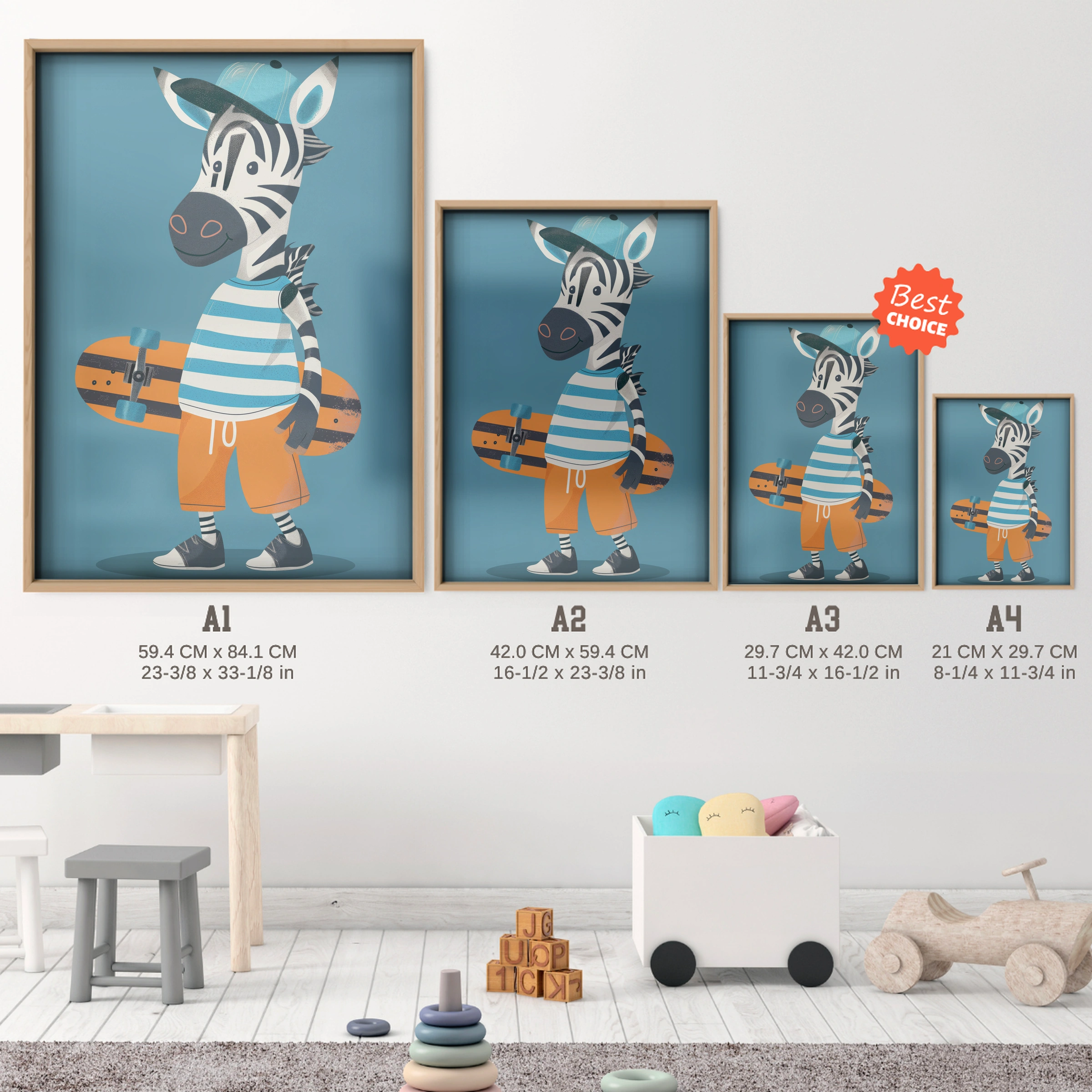 Skater Zebra Nursery Print - size guide A4 A3 A2 A1 nursery print