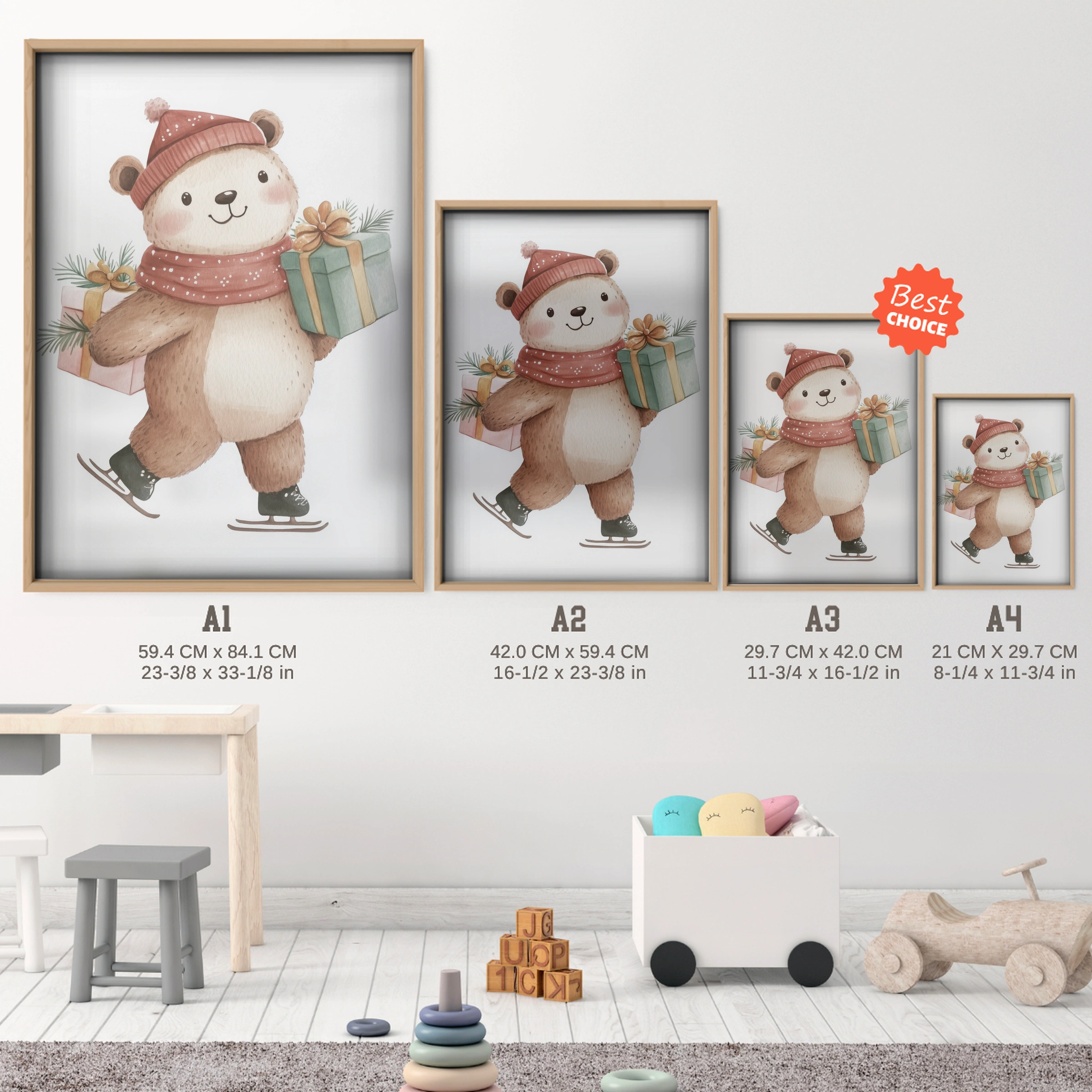 Skating Bear Christmas Print - size guide A4 A3 A2 A1 nursery print
