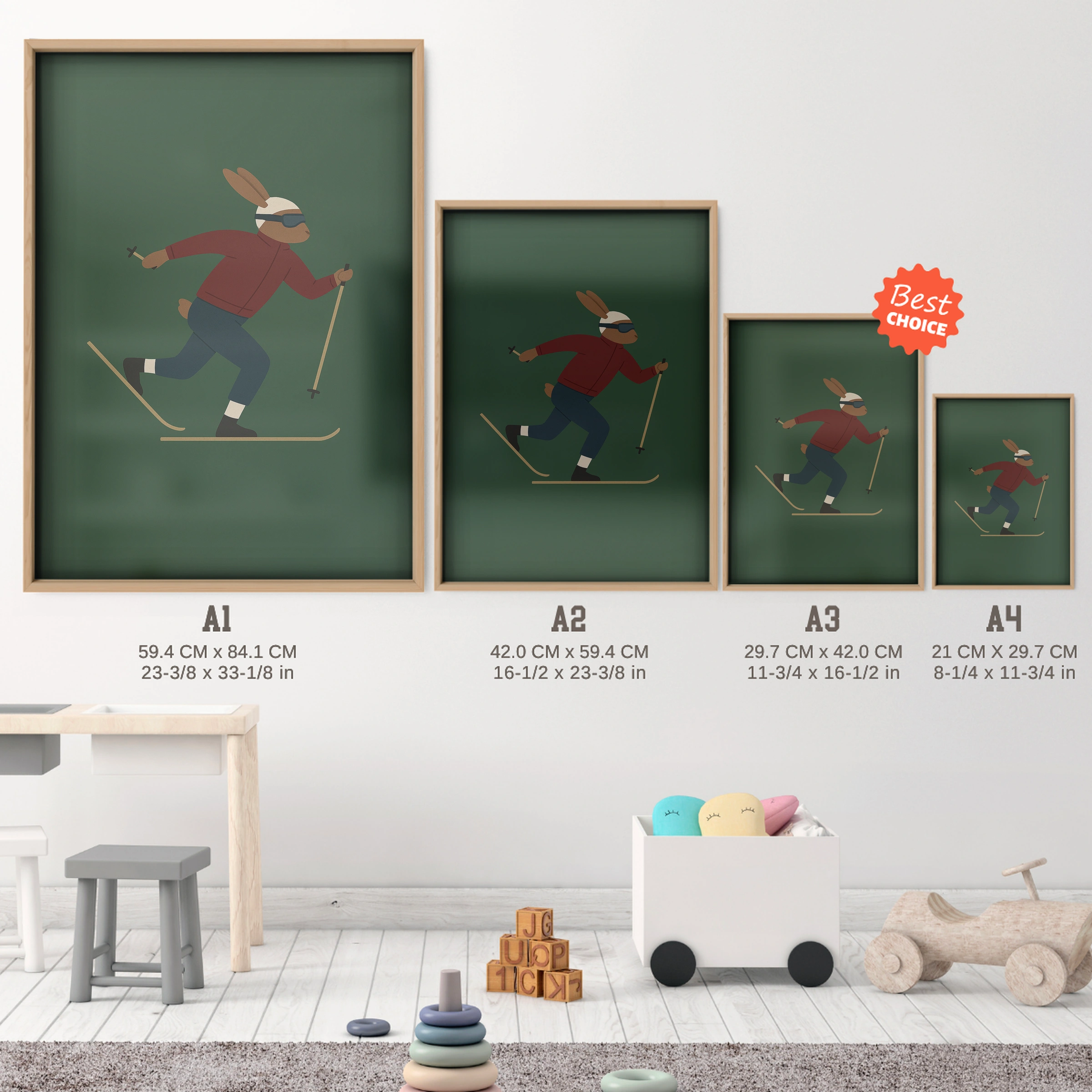 Skiing Rabbit Nursery Print - size guide A4 A3 A2 A1 nursery print