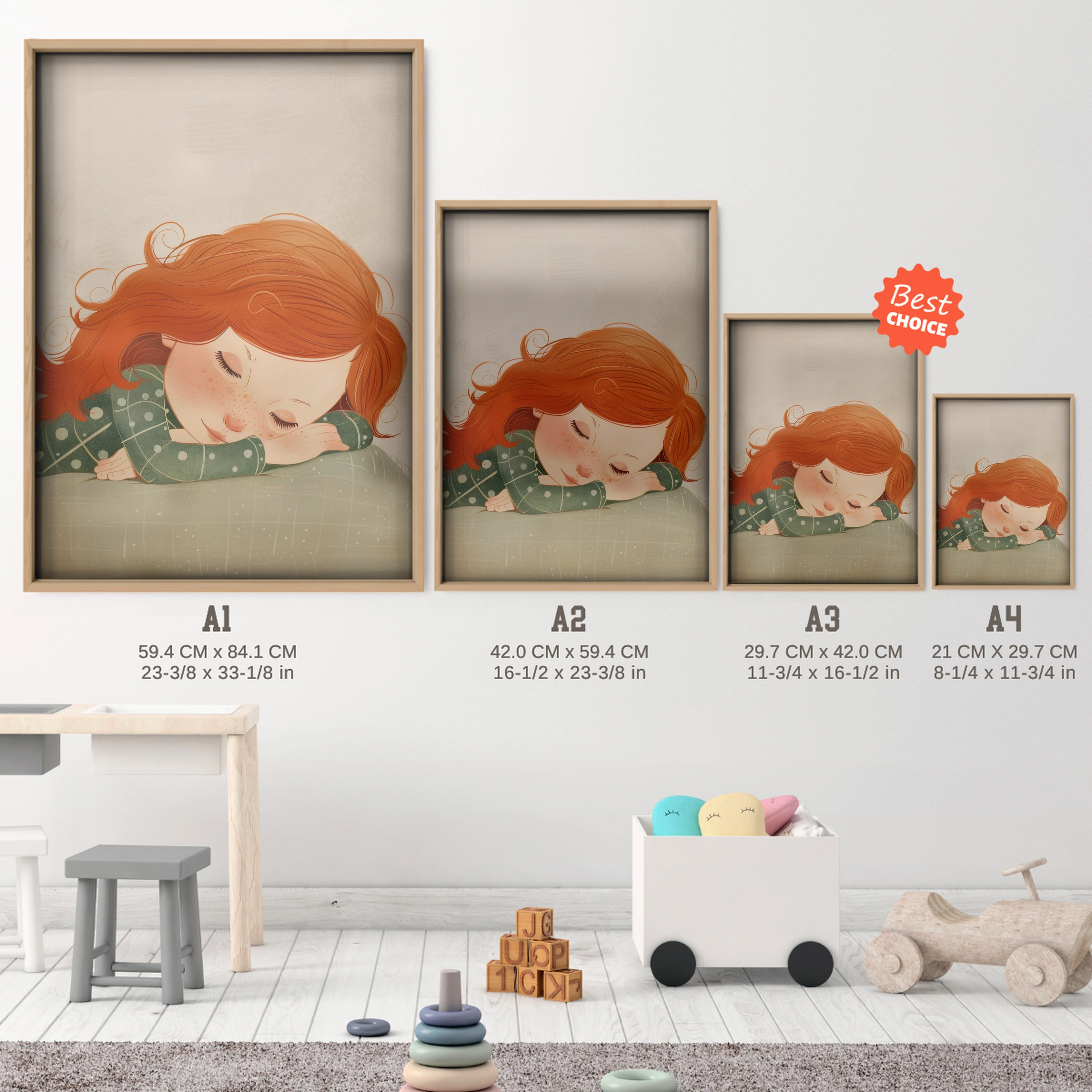 Sleeping Girl Nursery Print - size guide A4 A3 A2 A1 nursery print