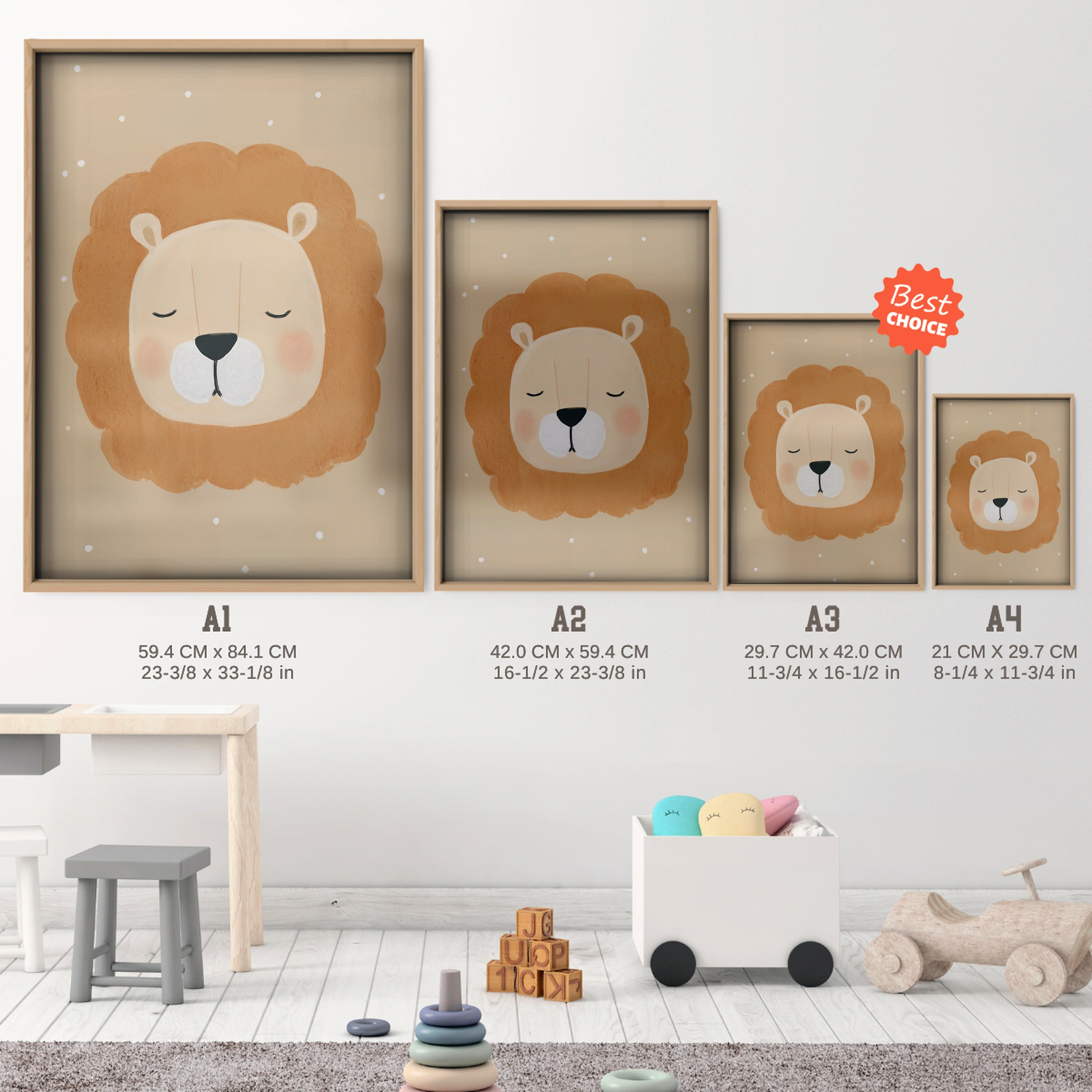 Sleeping Lion Nursery Print - size guide A4 A3 A2 A1 nursery print